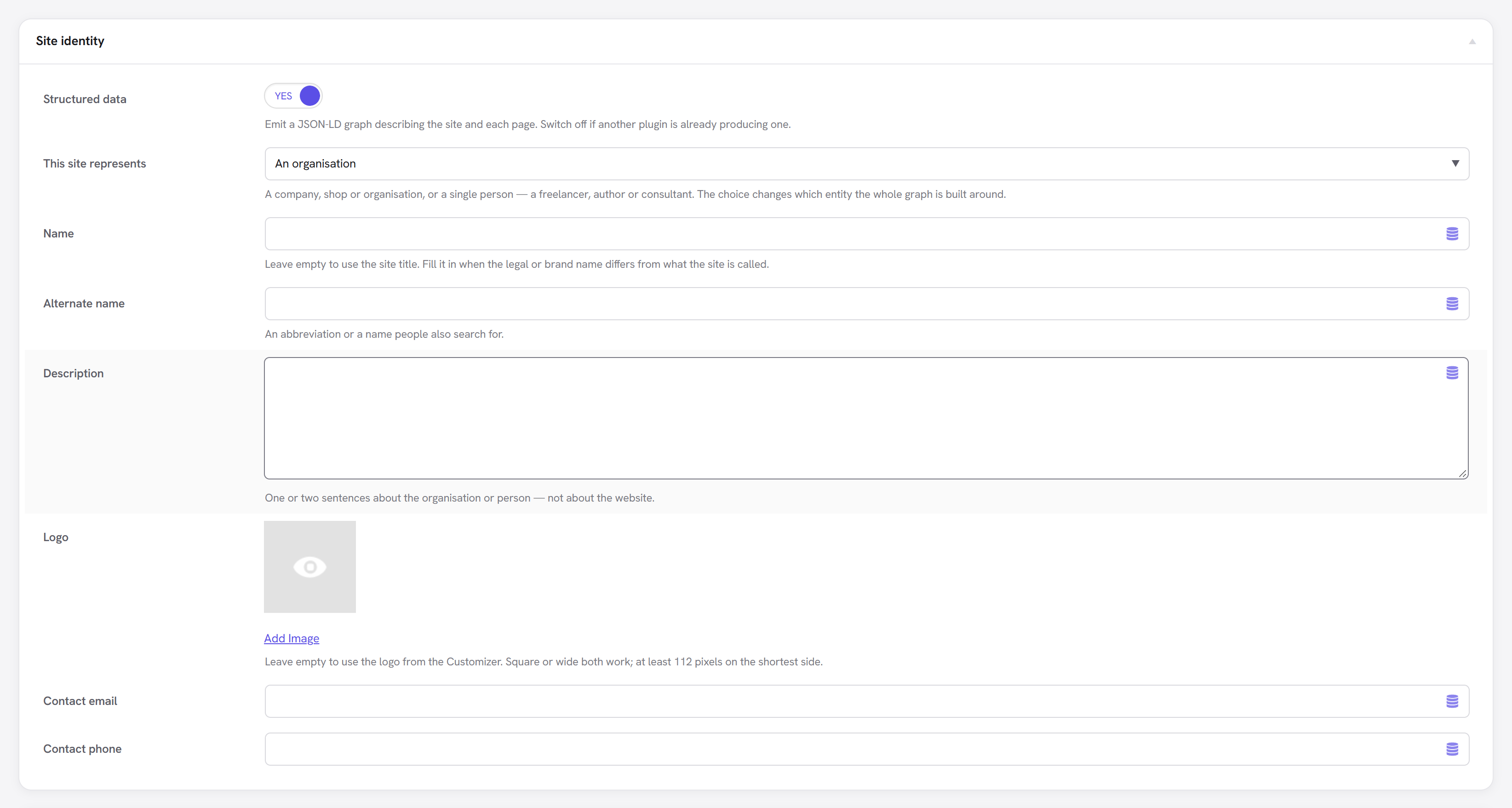 The Structured data settings: site identity and what each content type is