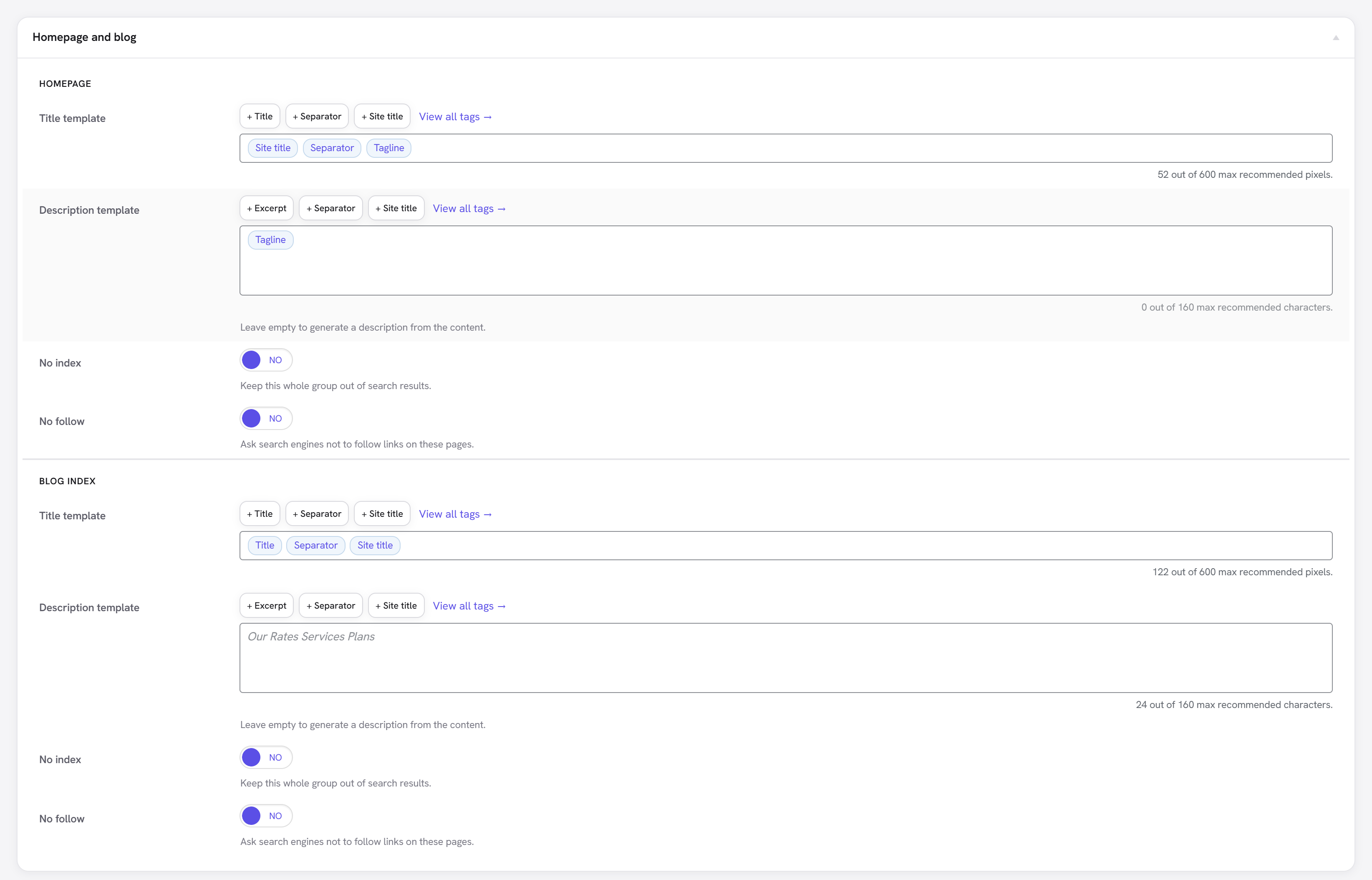 The Titles & Meta view, with a title and description template per location