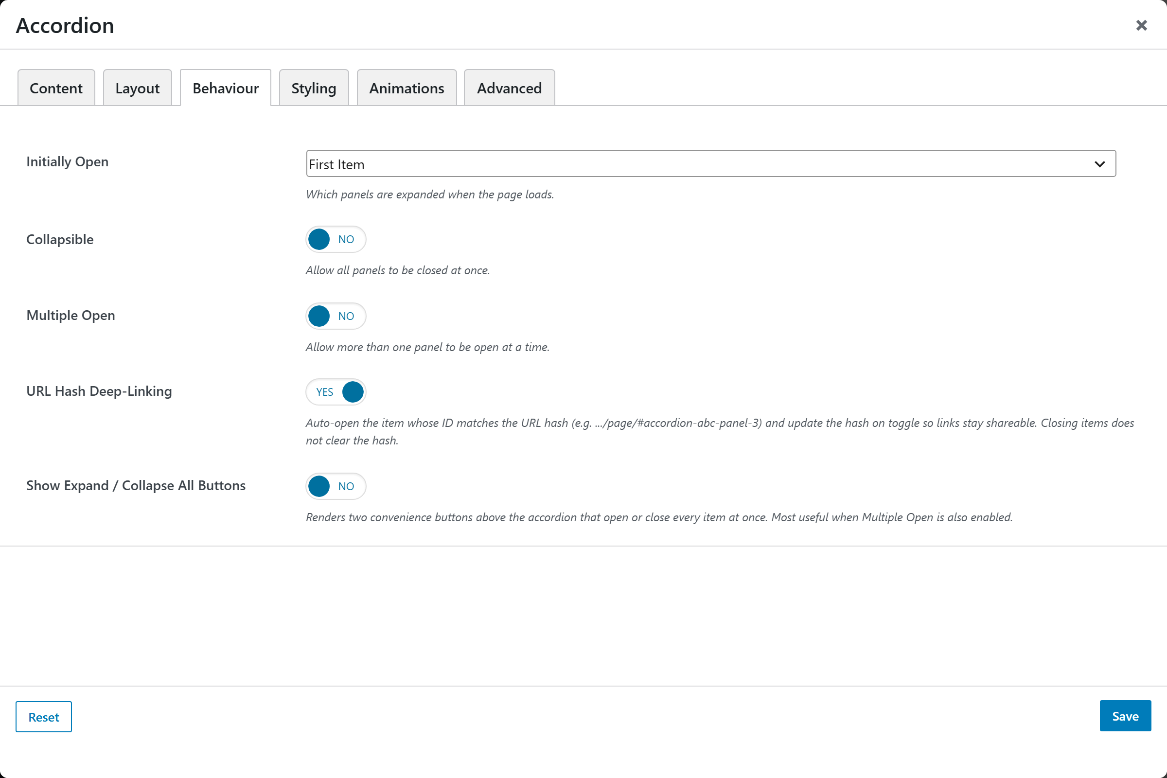 Accordion options panel — Behaviour tab