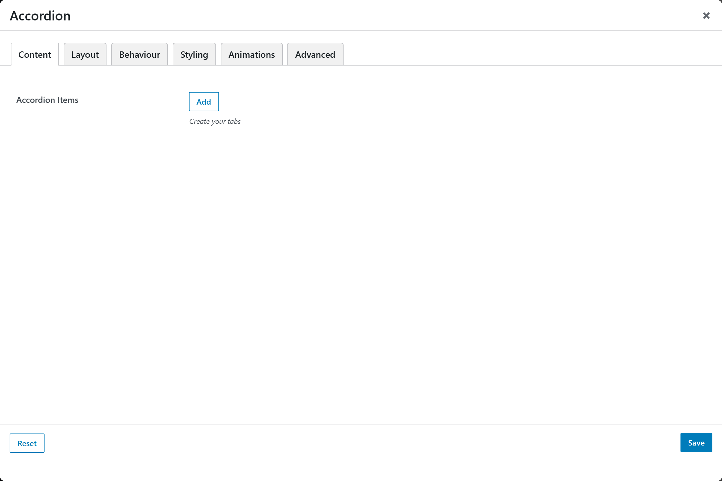 Accordion options panel — Content tab