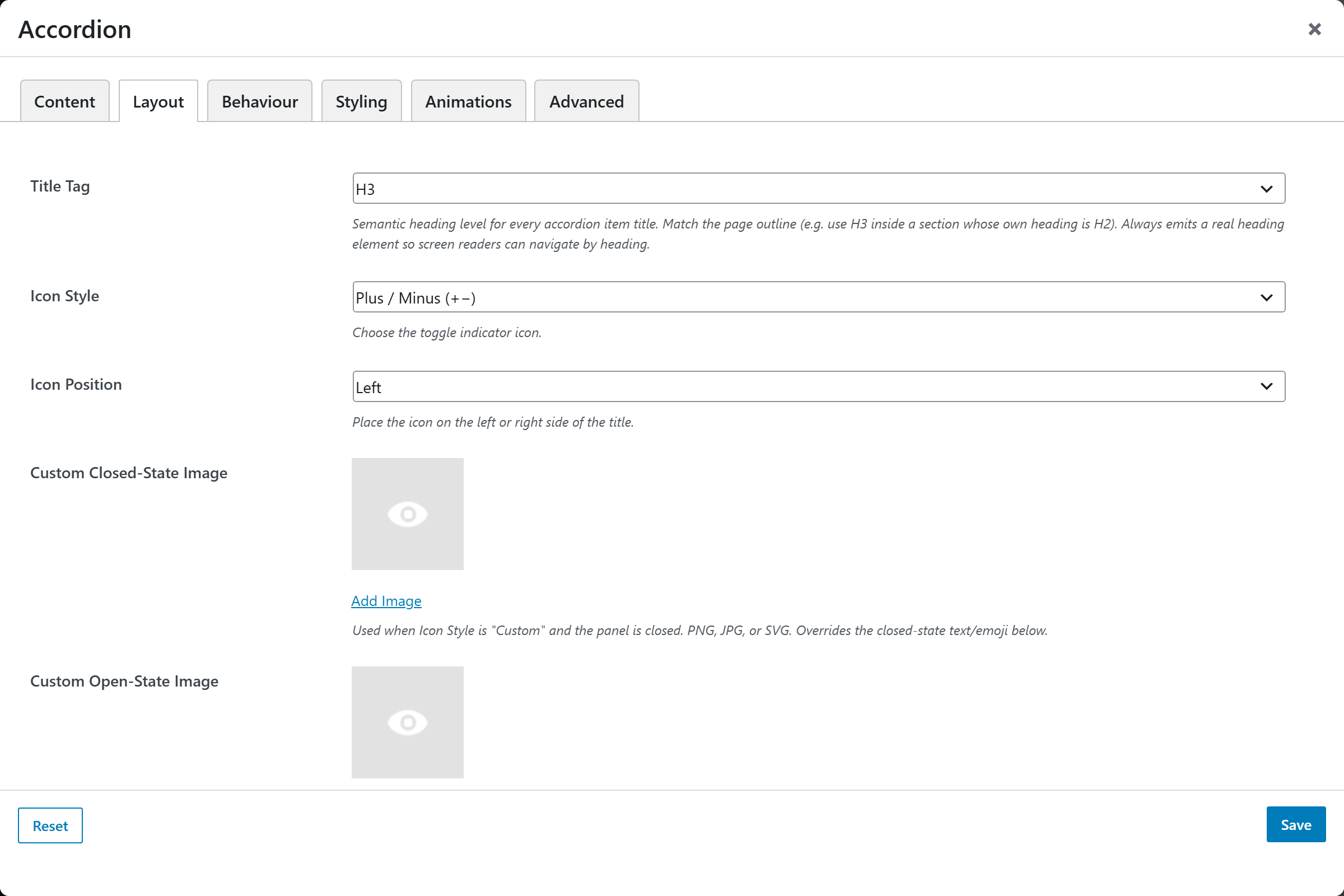 Accordion options panel — Layout tab