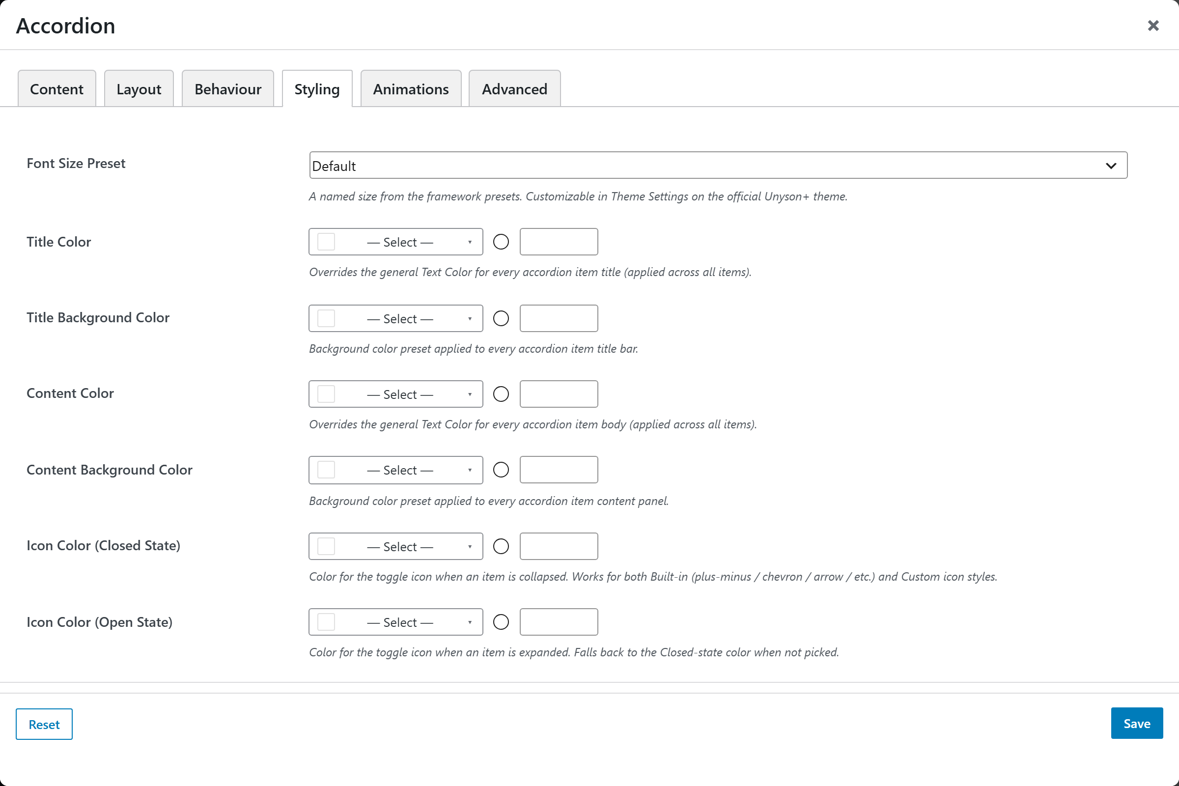 Accordion options panel — Styling tab