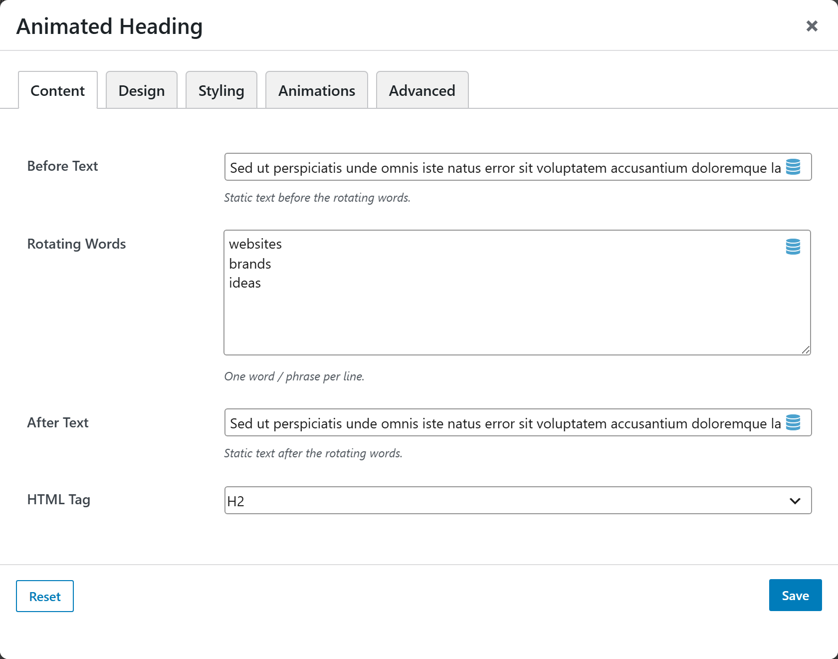 Animated Heading options panel — Content tab