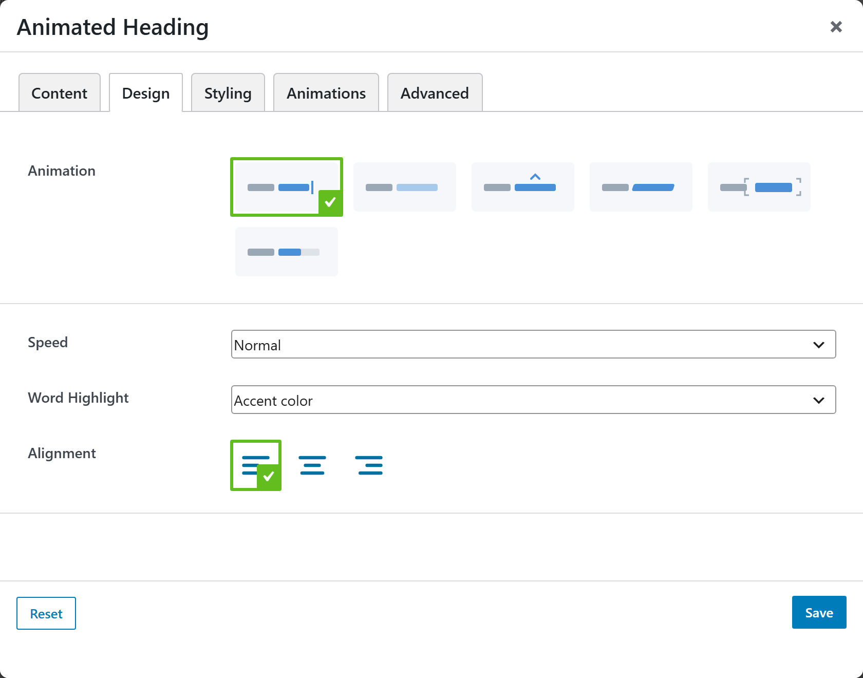 Animated Heading options panel — Design tab