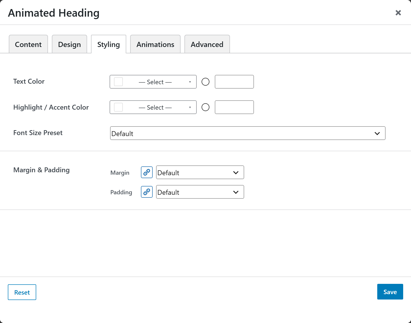 Animated Heading options panel — Styling tab