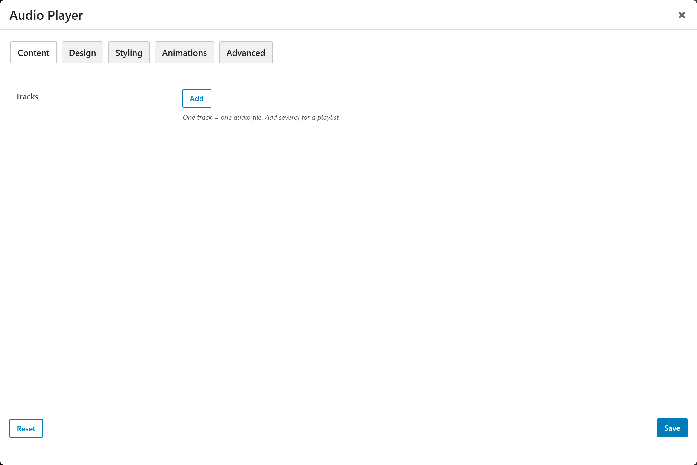 Audio Player options panel — Content tab