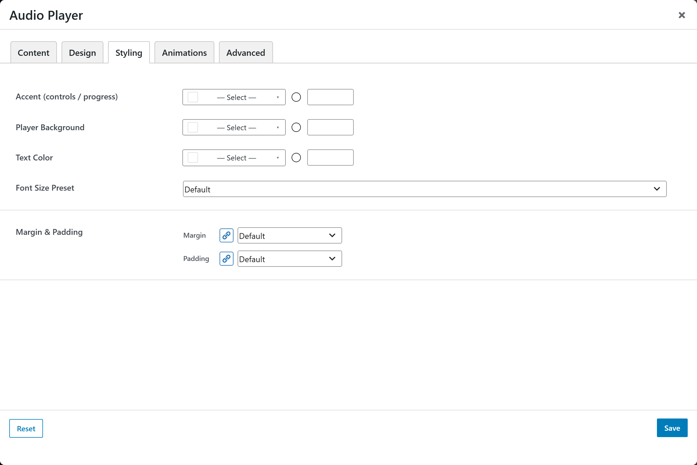 Audio Player options panel — Styling tab