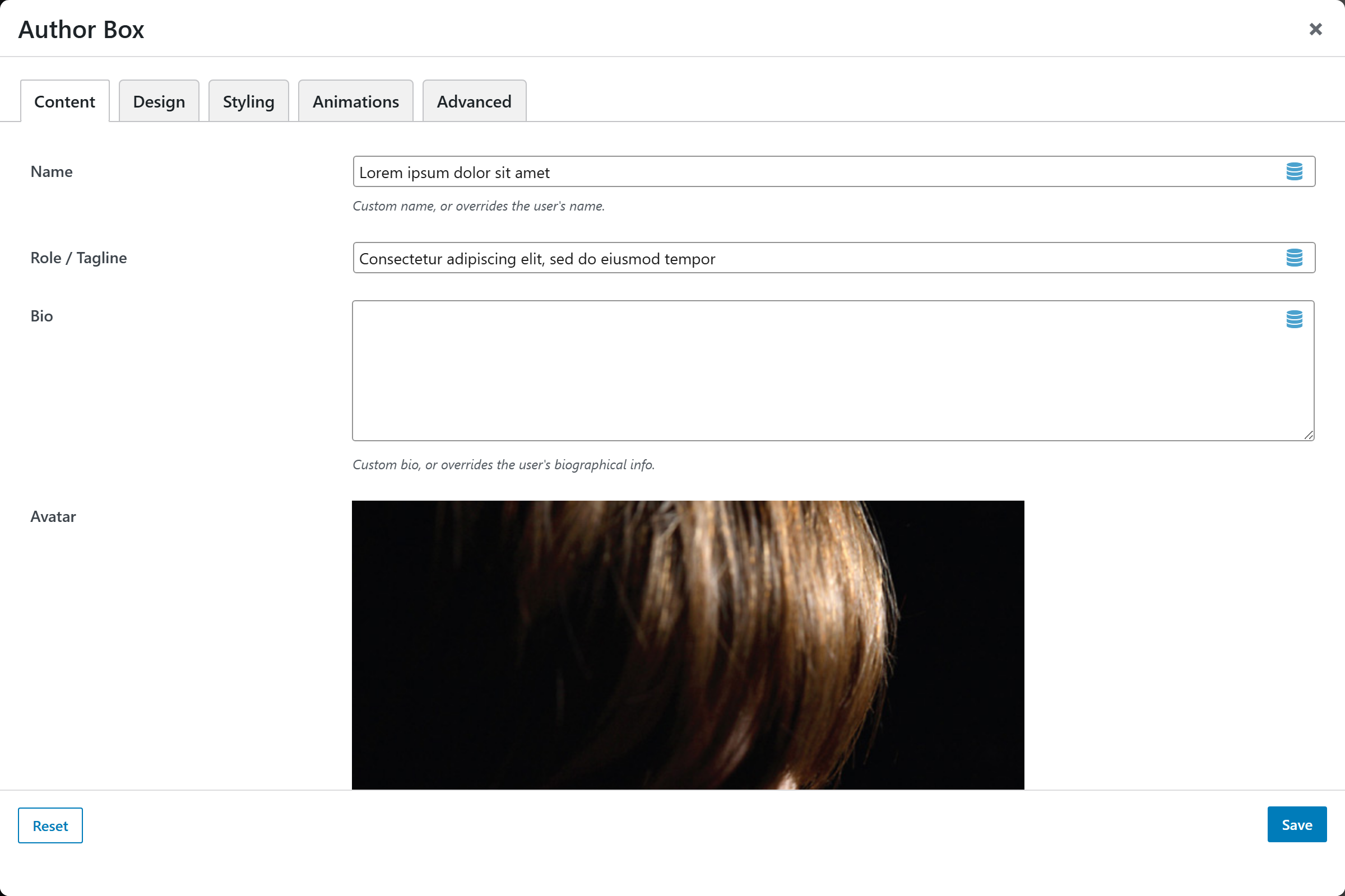 Author Box options panel — Content tab