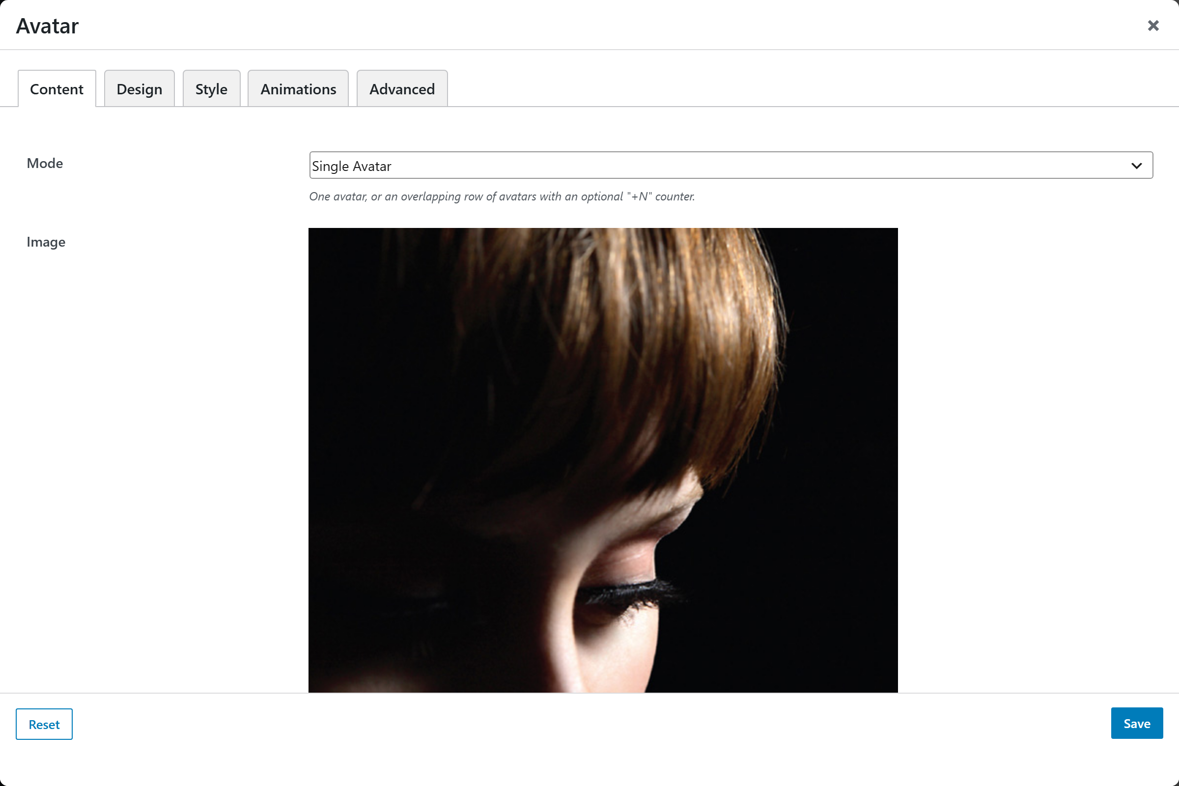 Avatar options panel — Content tab