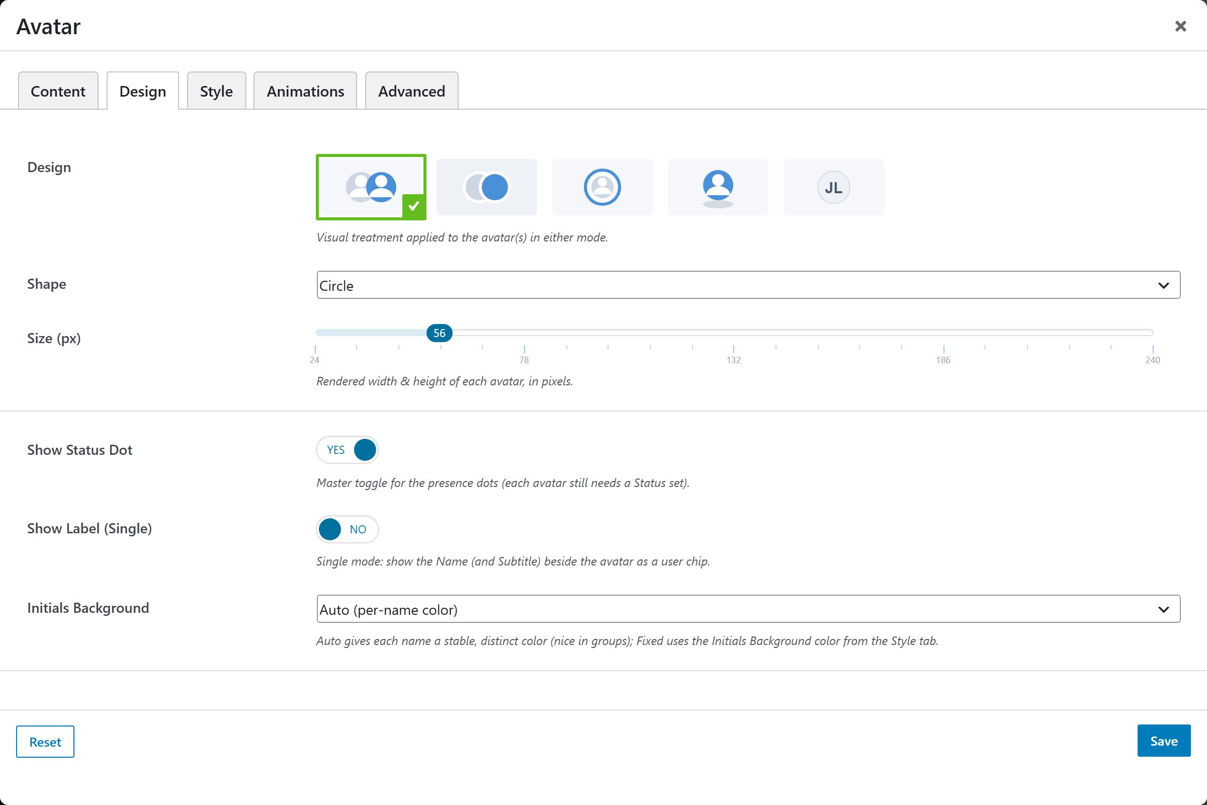 Avatar options panel — Design tab