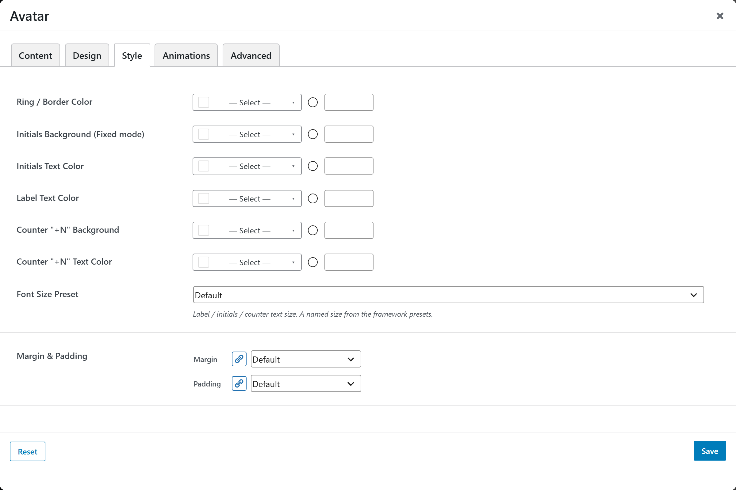 Avatar options panel — Style tab