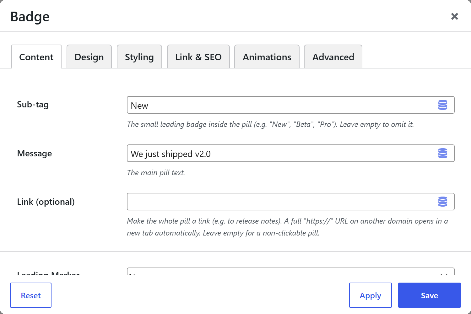 Badge options panel — Content tab