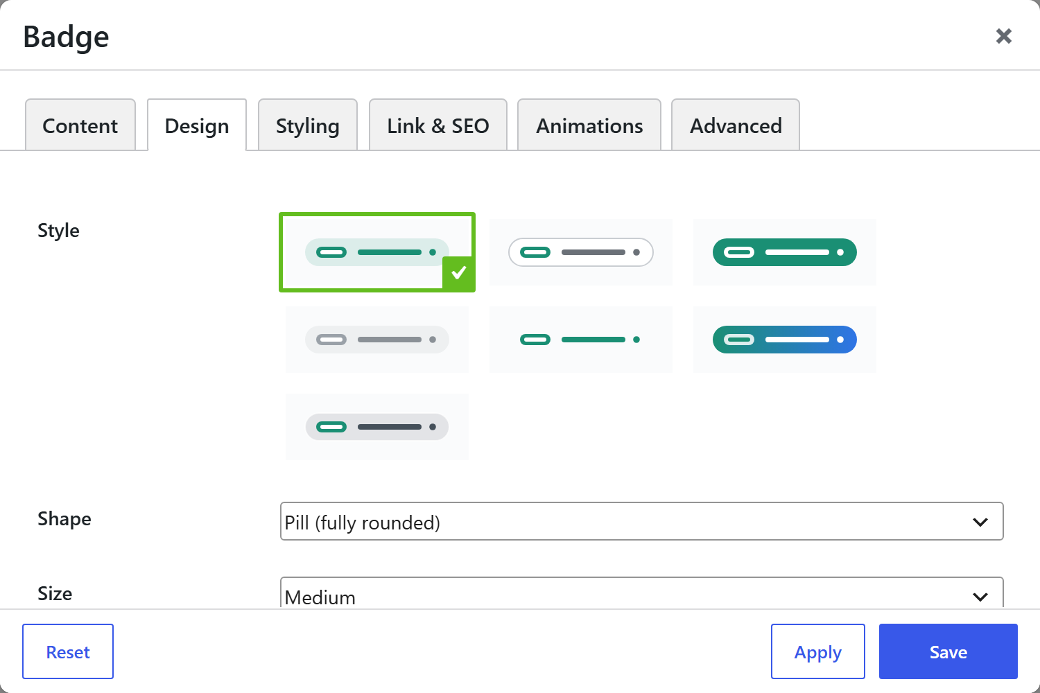 Badge options panel — Design tab