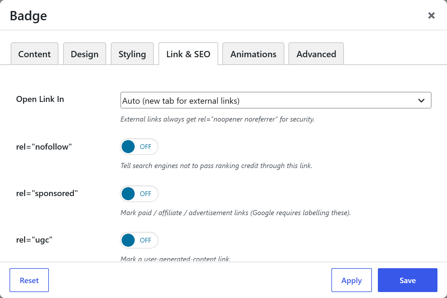 Badge options panel — Link & SEO tab