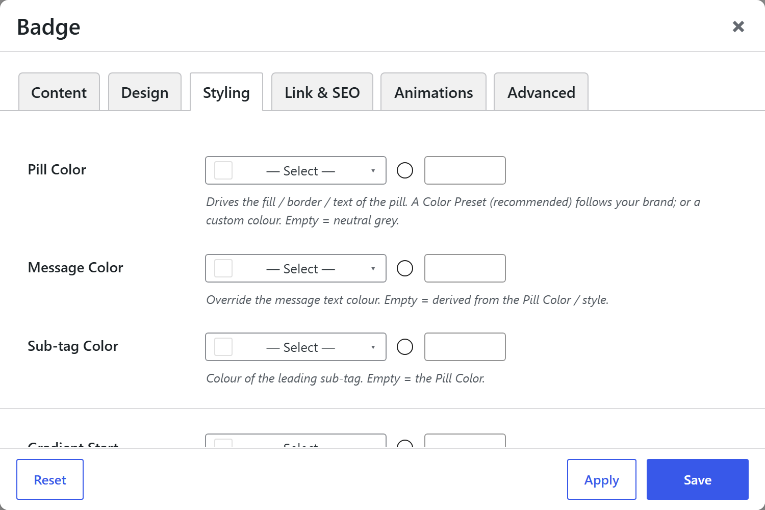Badge options panel — Styling tab