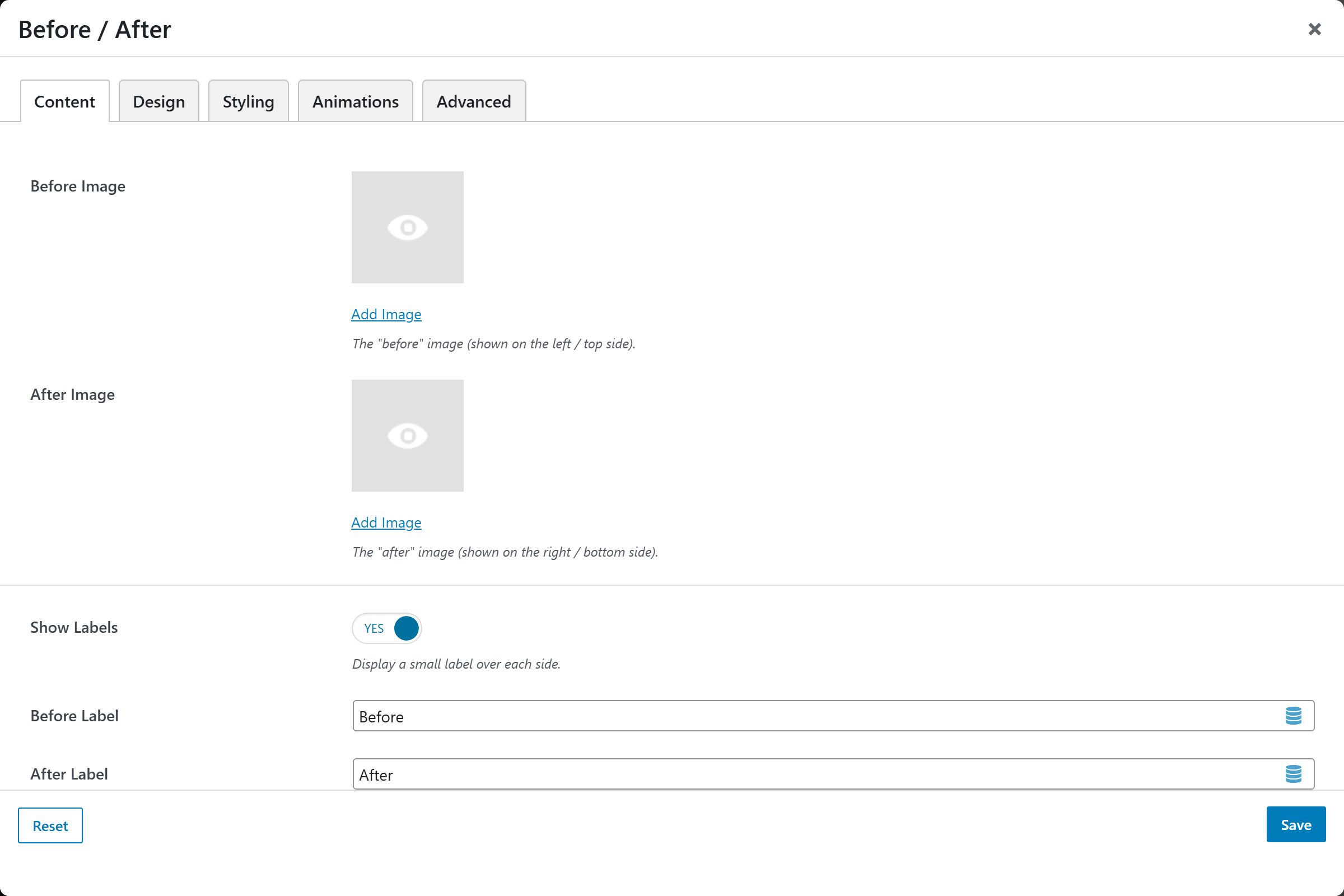 Before / After options panel — Content tab