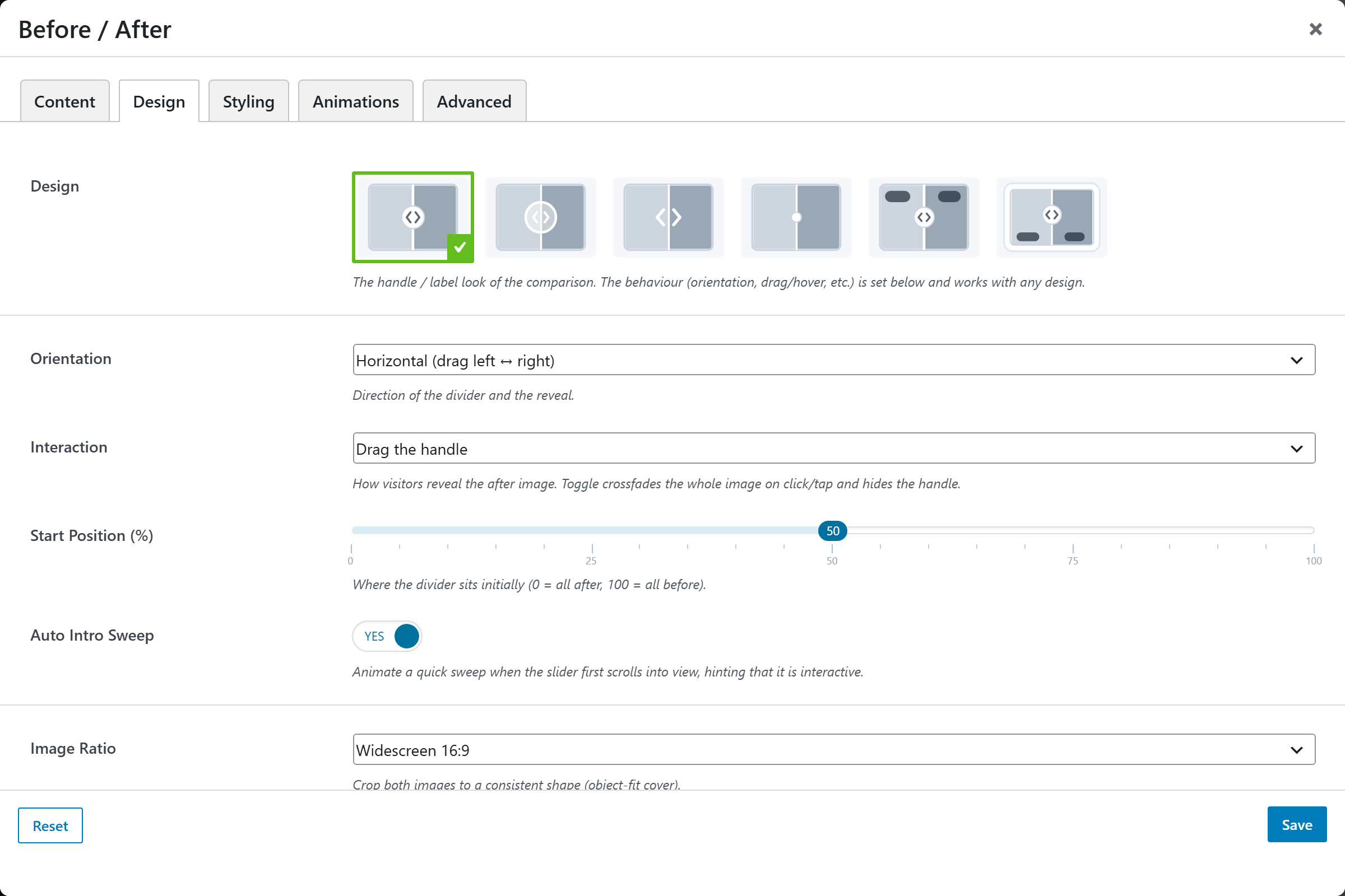 Before / After options panel — Design tab