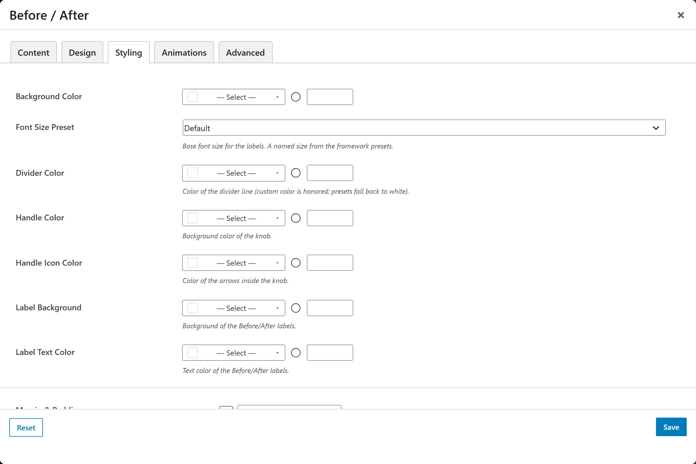 Before / After options panel — Styling tab