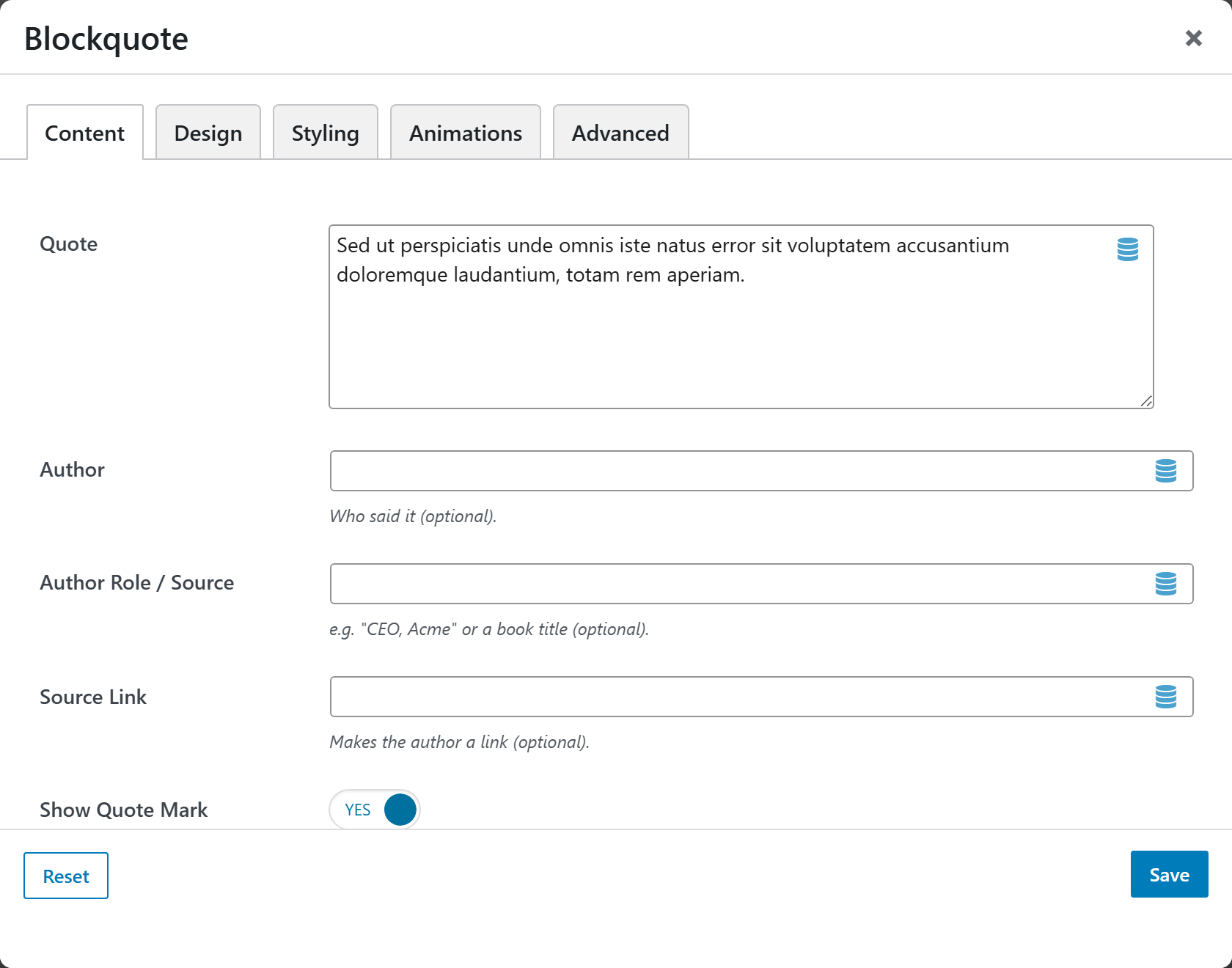 Blockquote options panel — Content tab