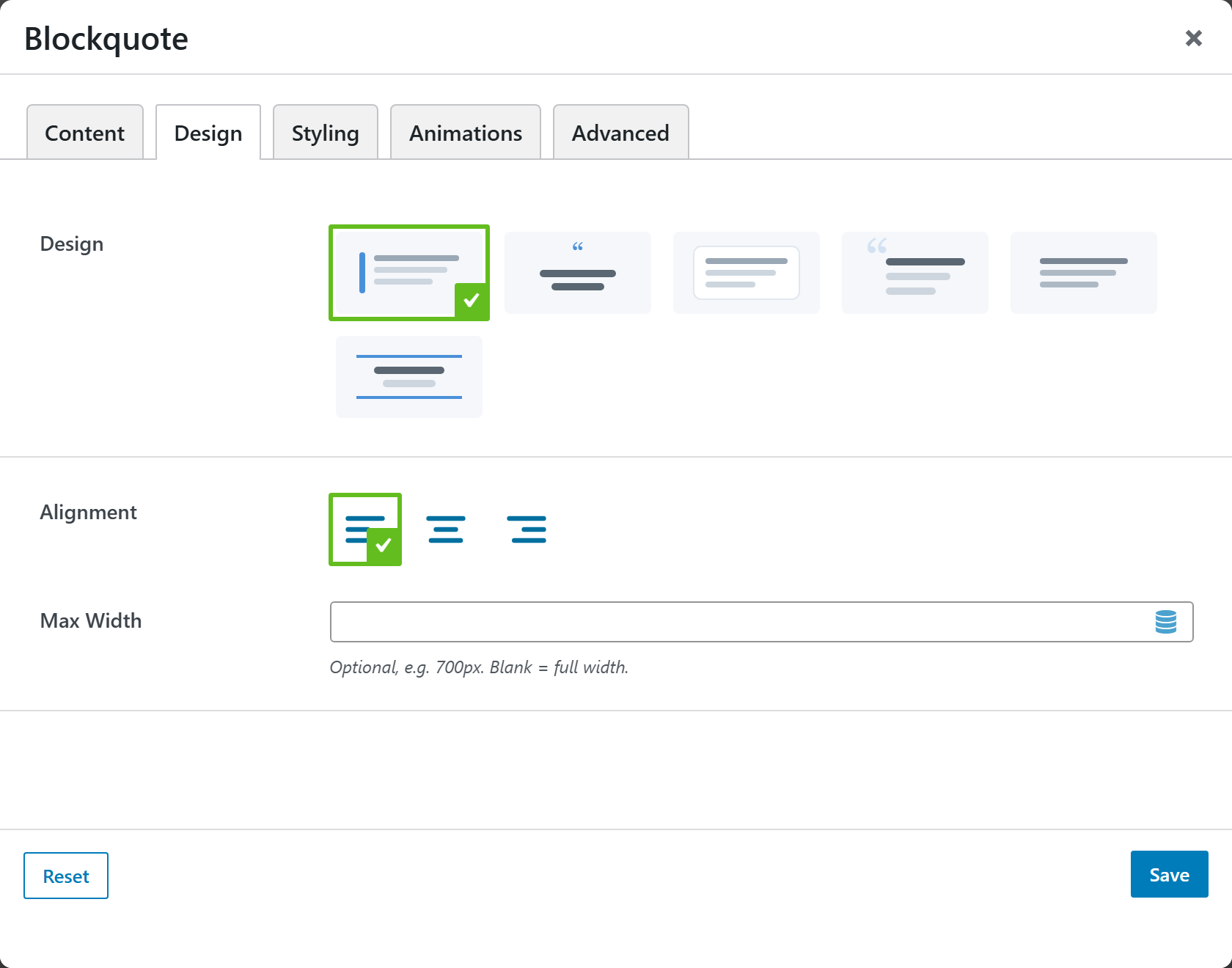 Blockquote options panel — Design tab