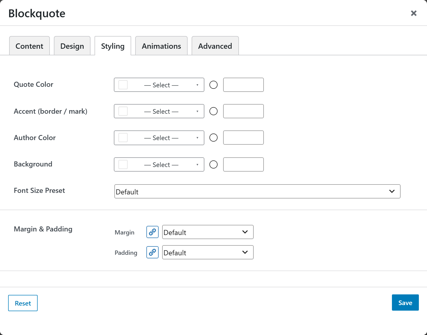 Blockquote options panel — Styling tab