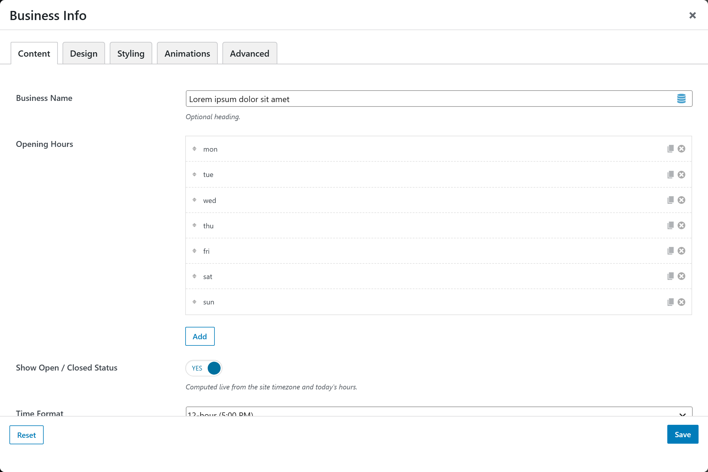 Business Info options panel — Content tab