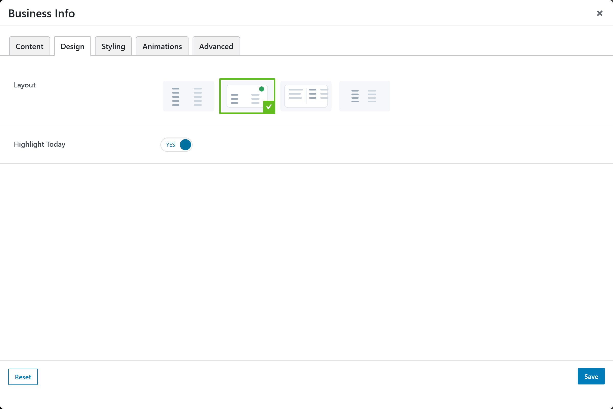 Business Info options panel — Design tab