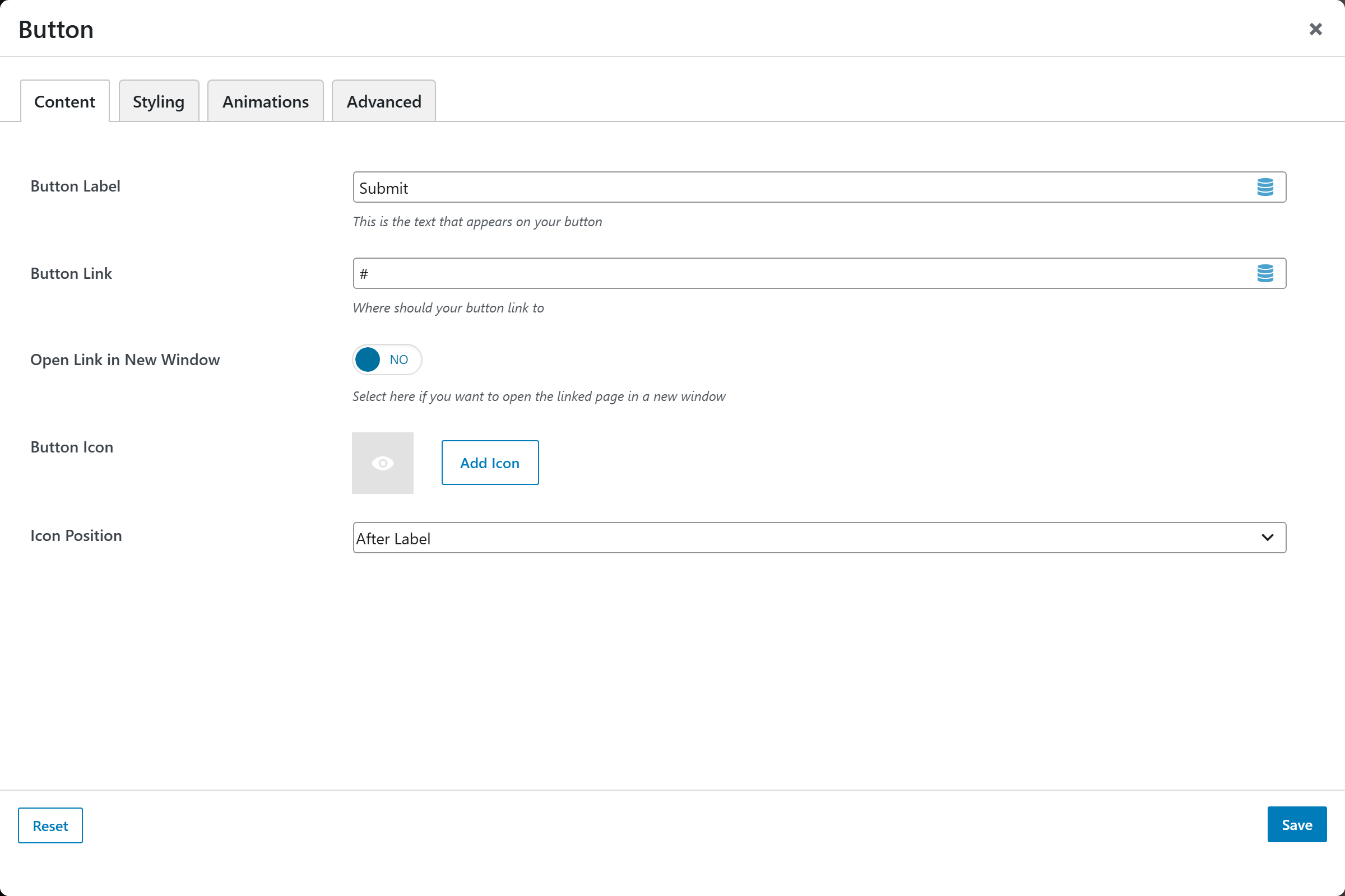 Button options panel — Content tab