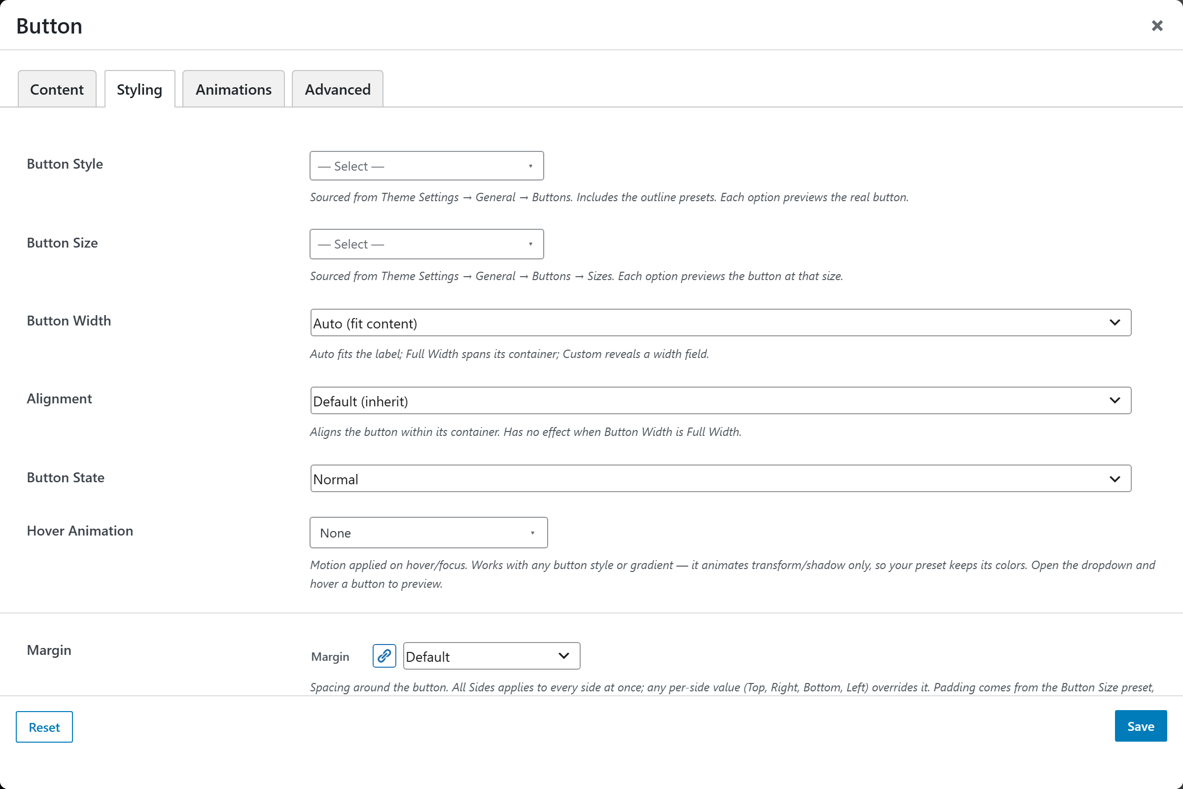 Button options panel — Styling tab