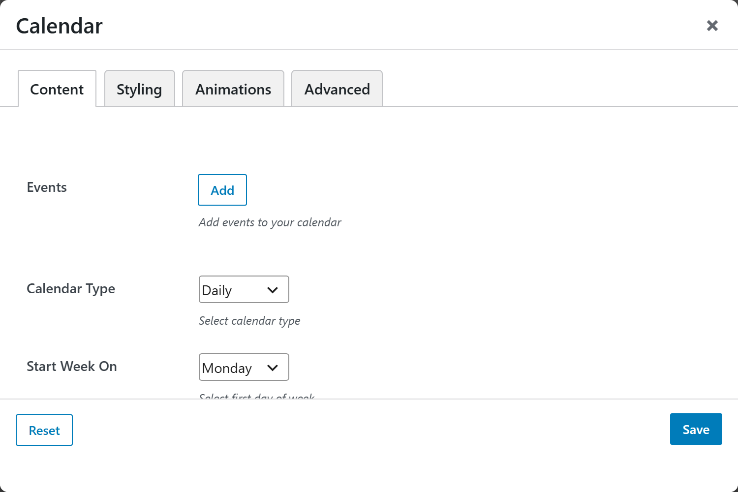 Calendar options panel — Content tab