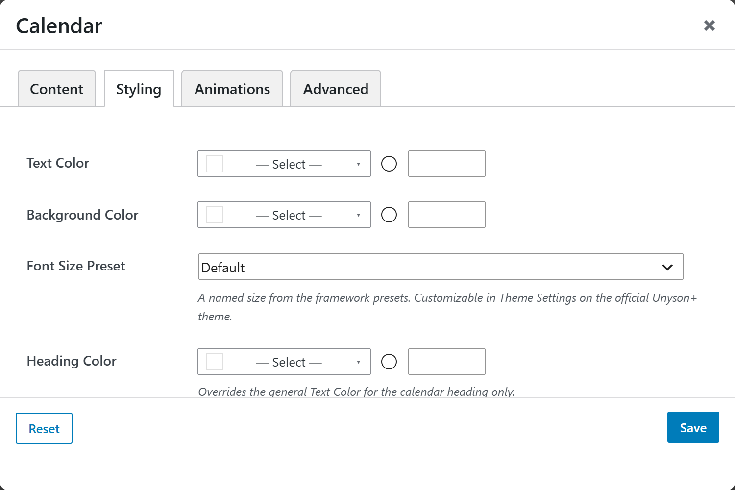 Calendar options panel — Styling tab
