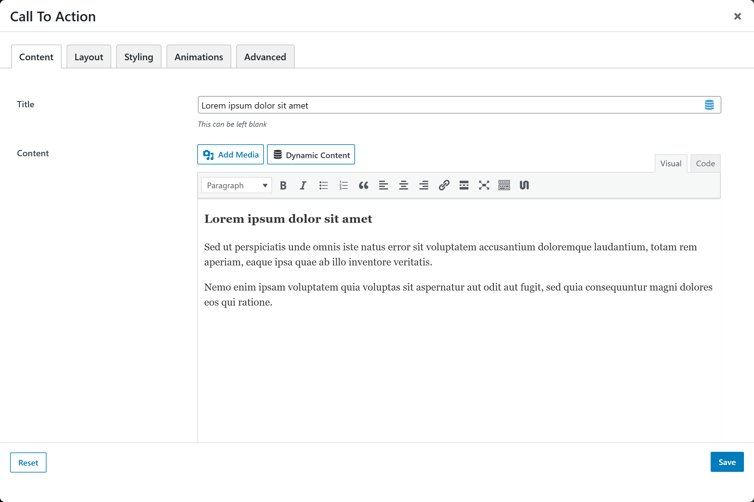 Call To Action options panel — Content tab