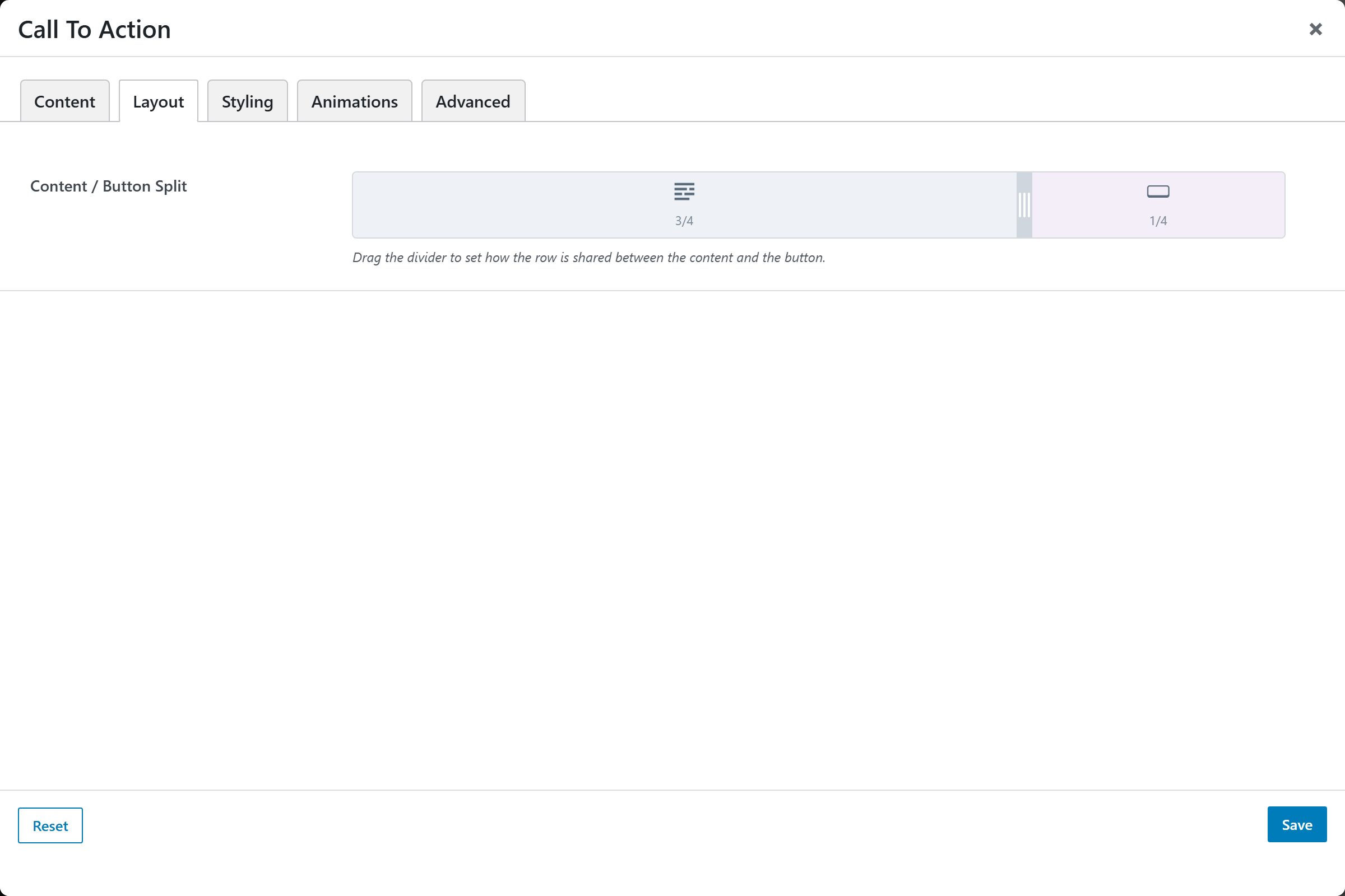 Call To Action options panel — Layout tab