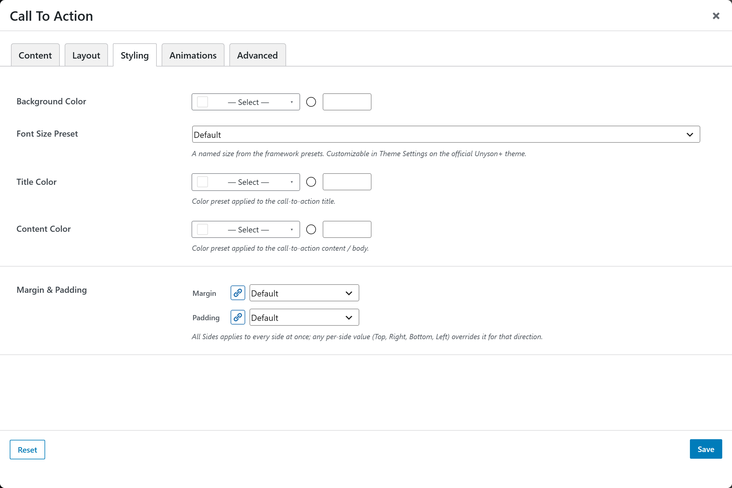 Call To Action options panel — Styling tab