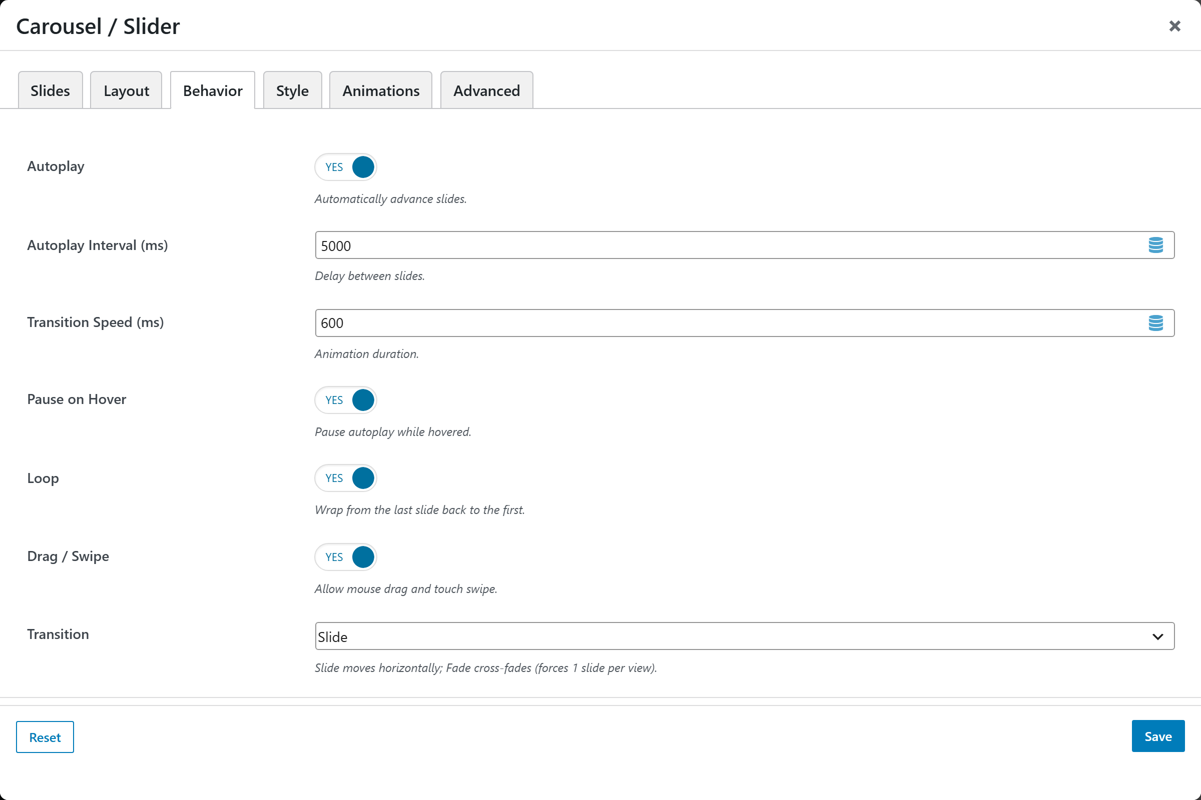 Carousel / Slider options panel — Behavior tab