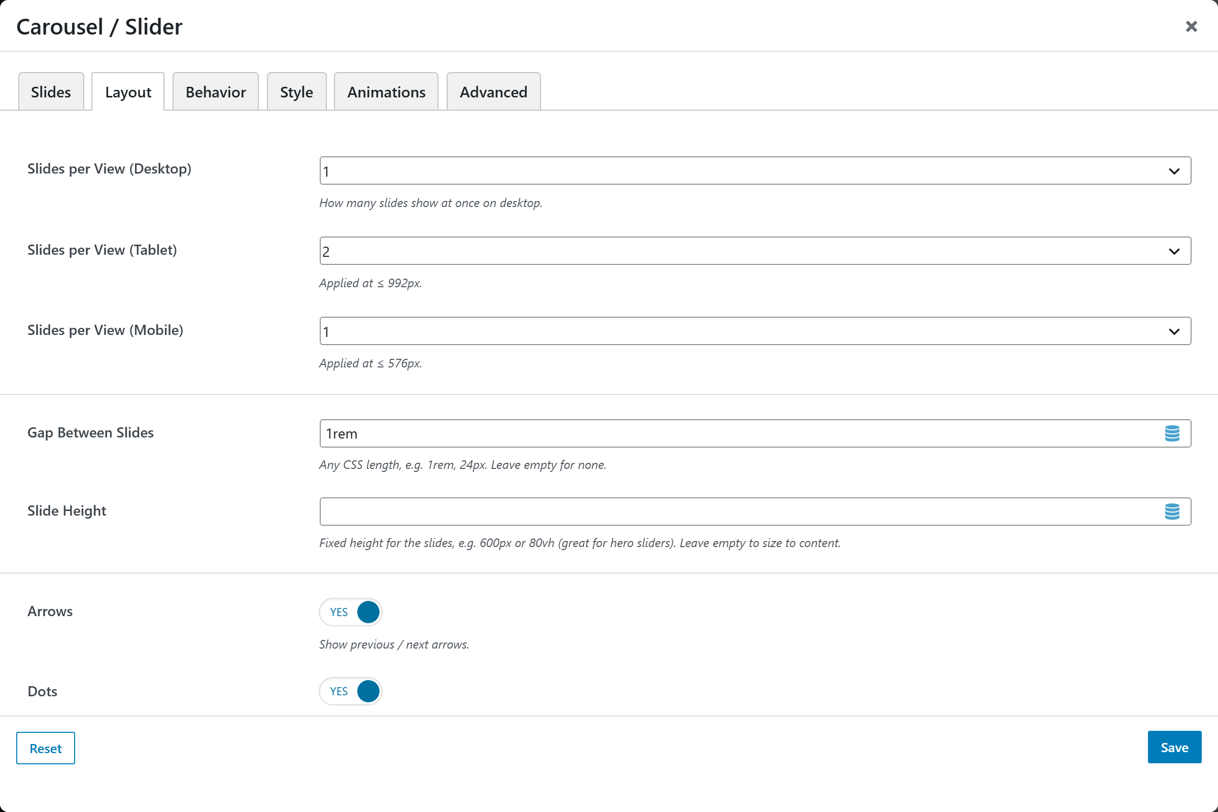 Carousel / Slider options panel — Layout tab