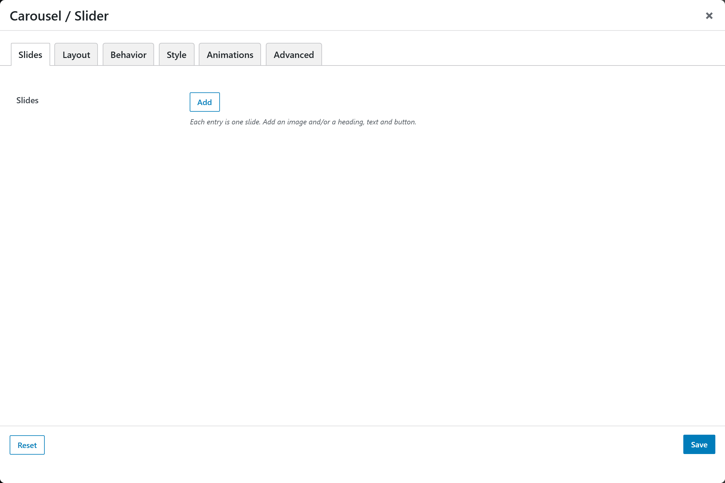 Carousel / Slider options panel — Slides tab