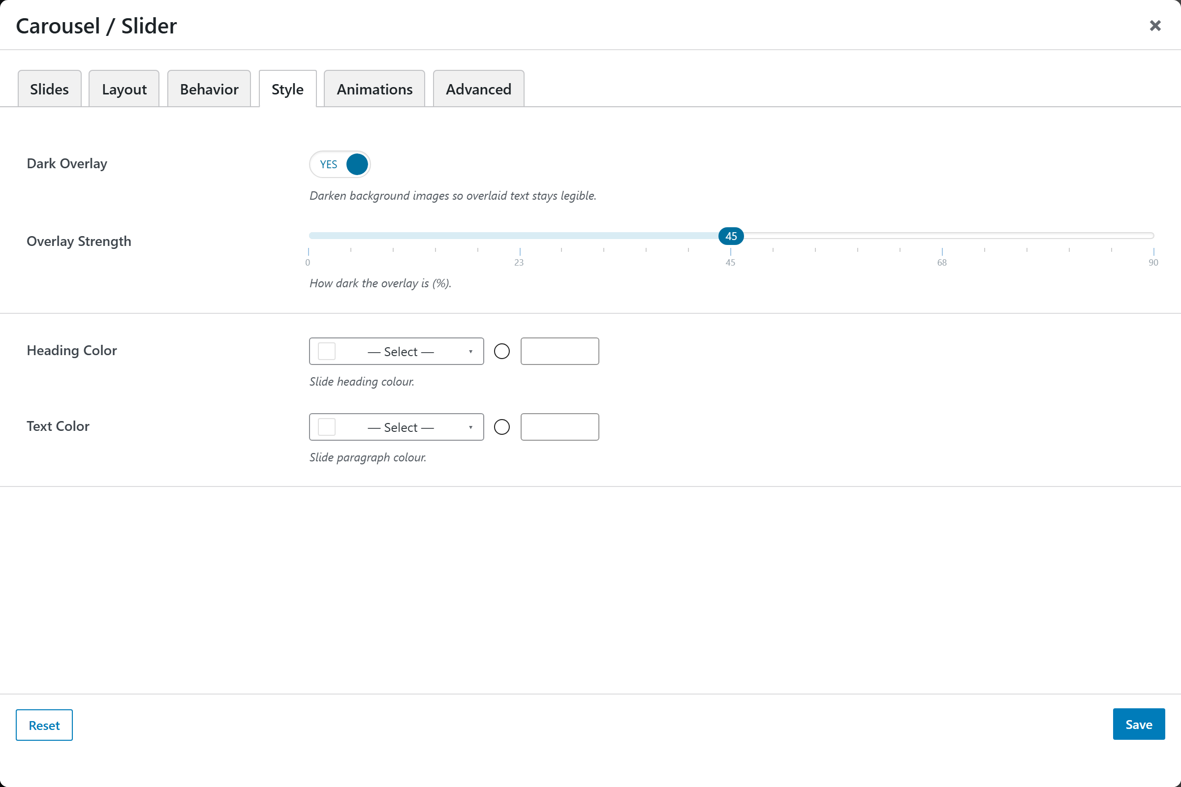 Carousel / Slider options panel — Style tab