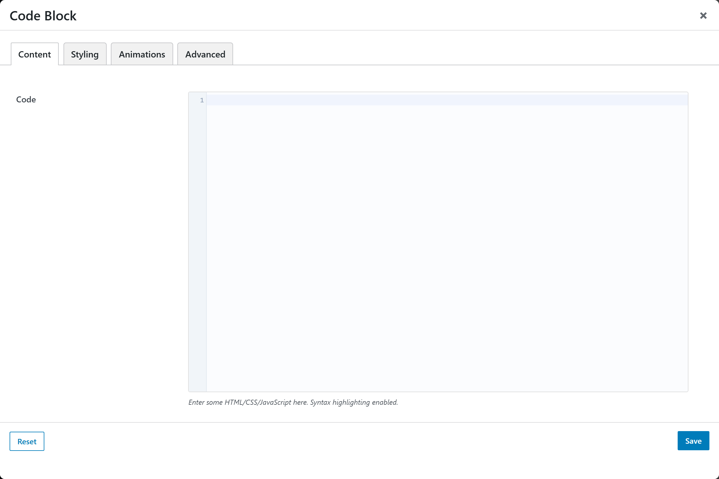Code Block options panel — Content tab