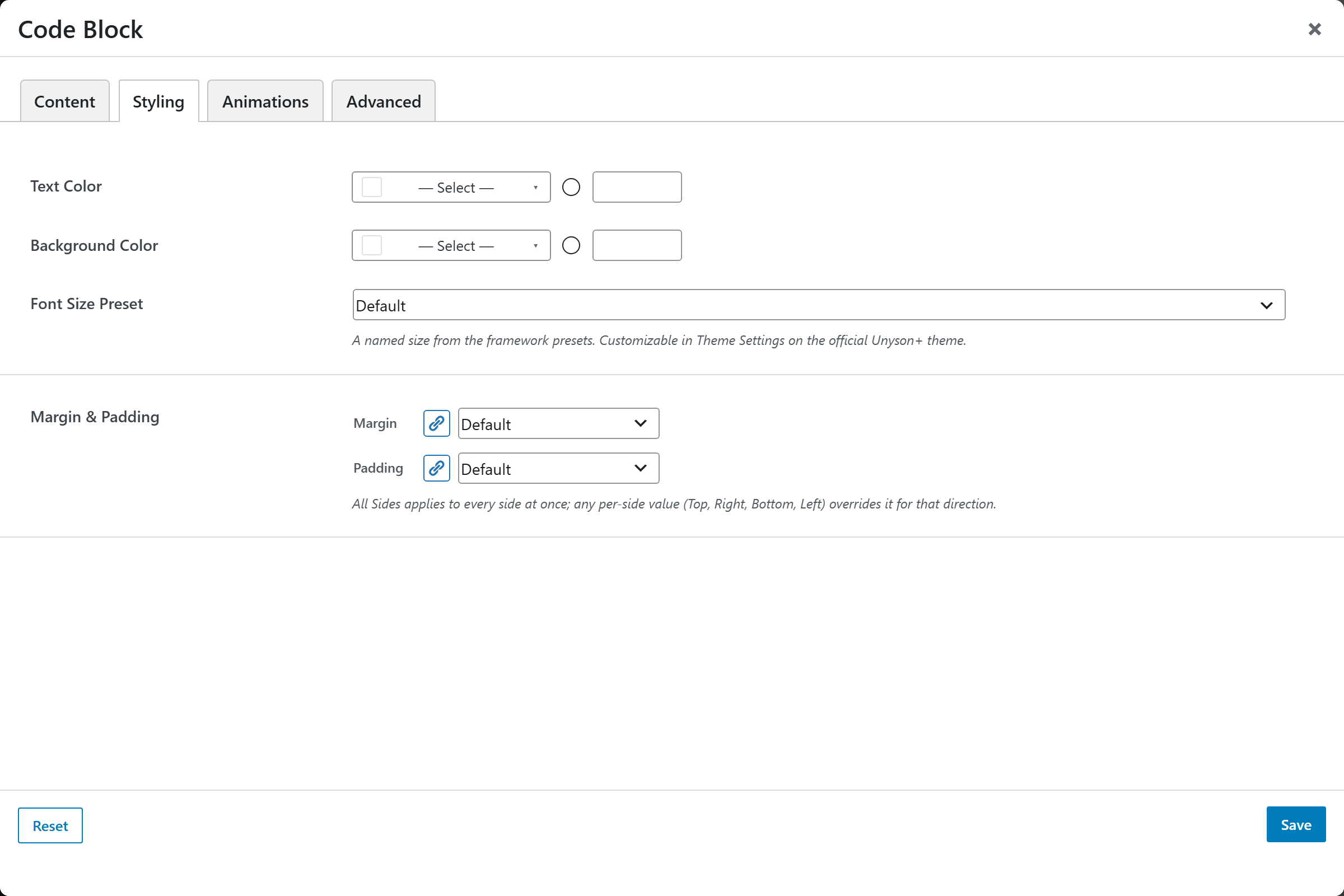 Code Block options panel — Styling tab