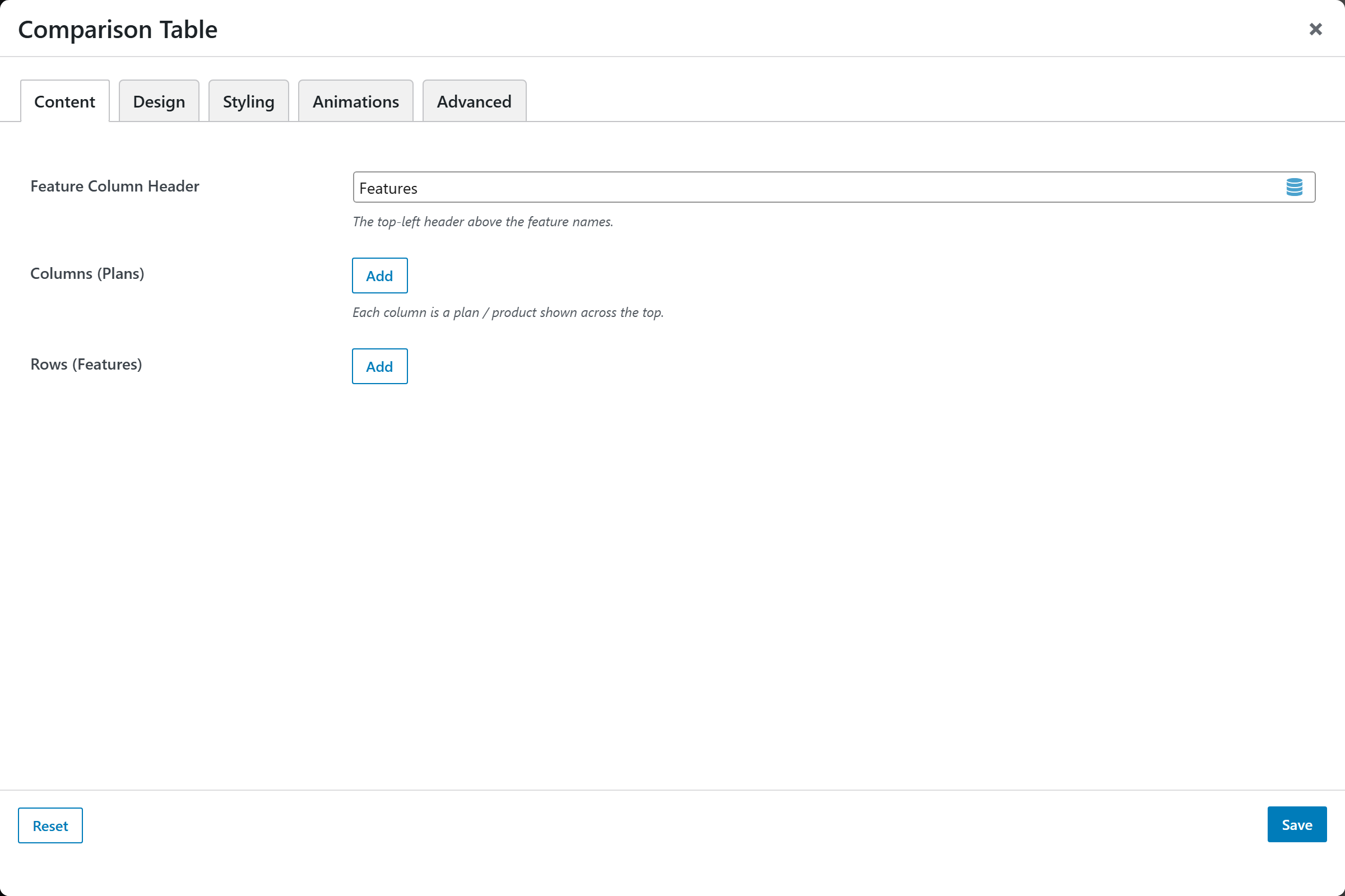 Comparison Table options panel — Content tab