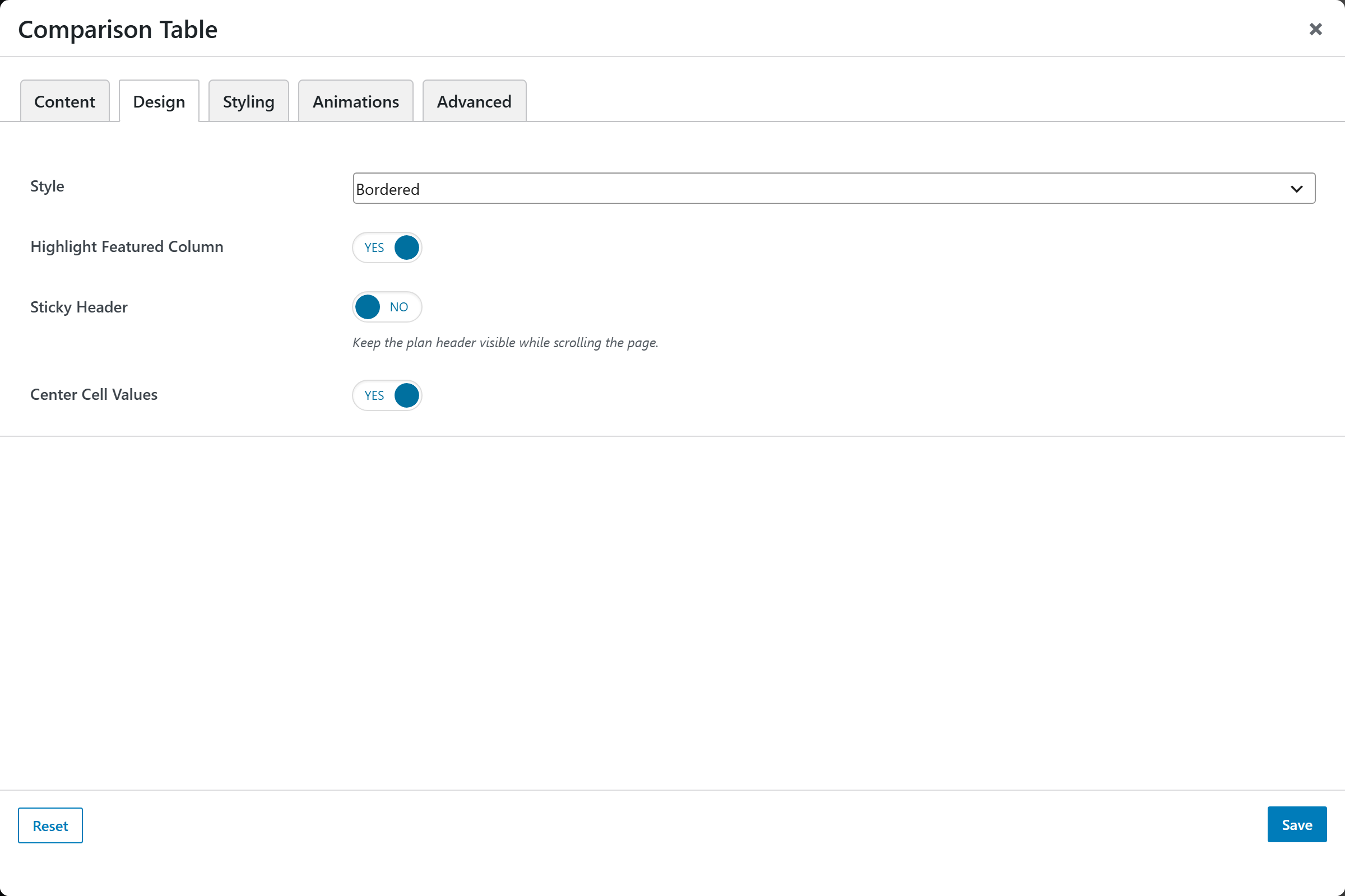 Comparison Table options panel — Design tab