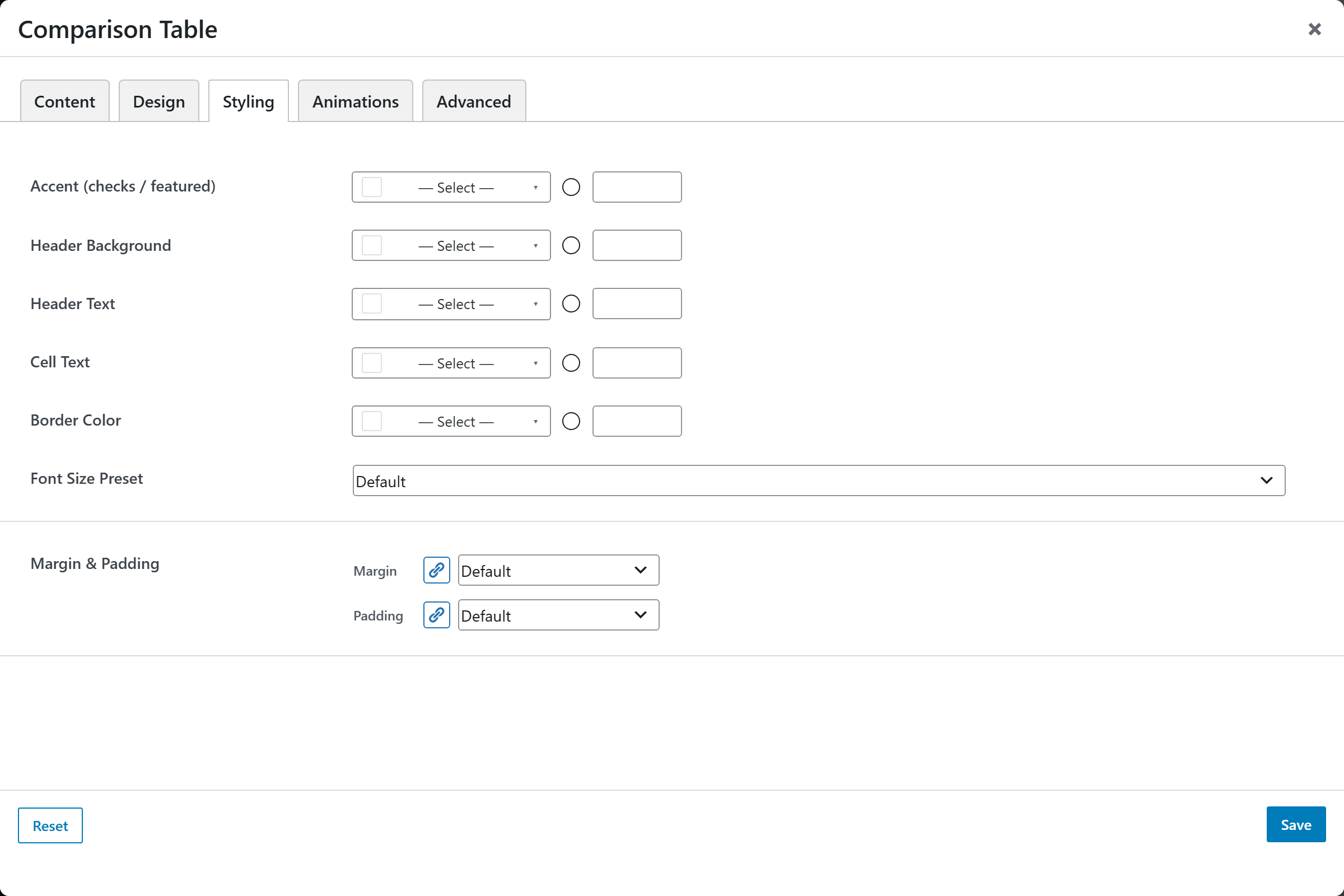 Comparison Table options panel — Styling tab