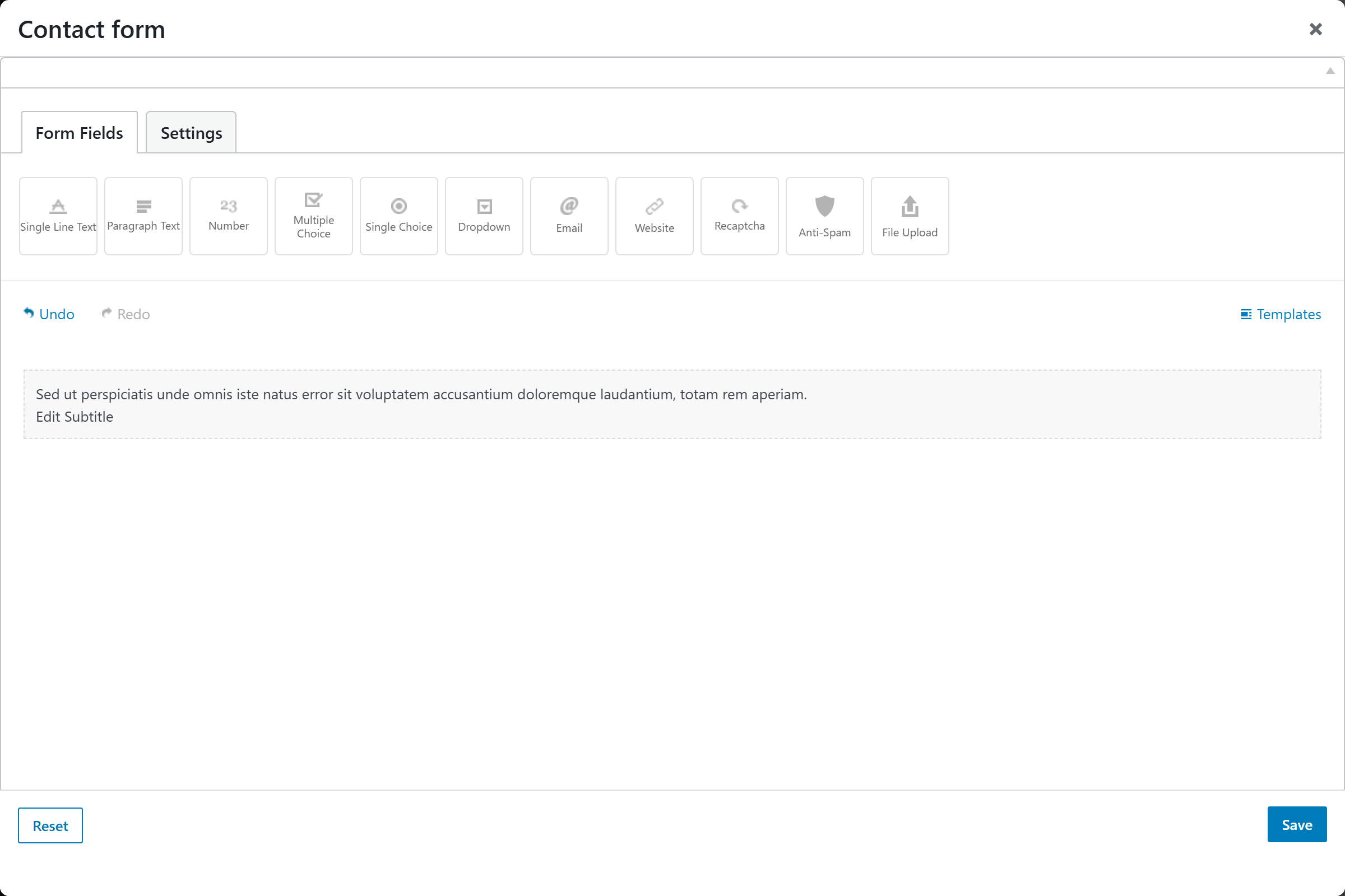 Contact form options panel — Form Fields tab