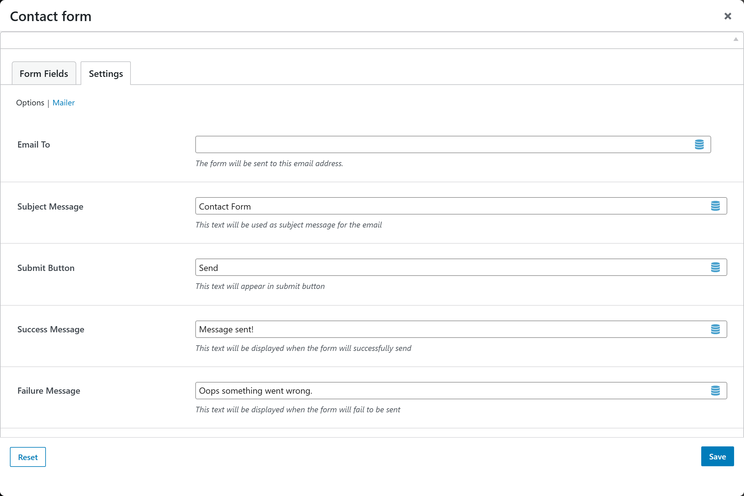 Contact form options panel — Settings tab