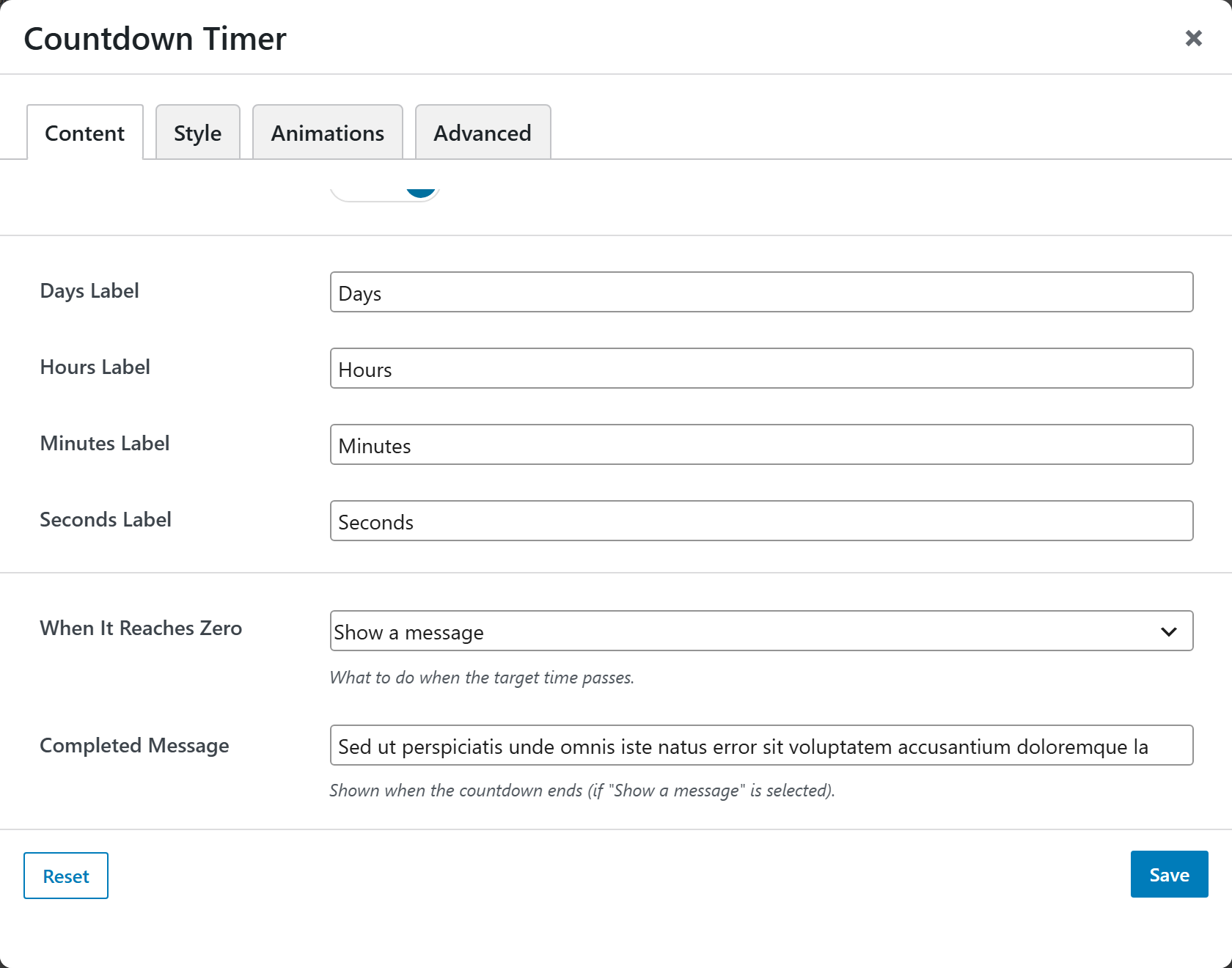 Countdown Timer options panel — Content tab