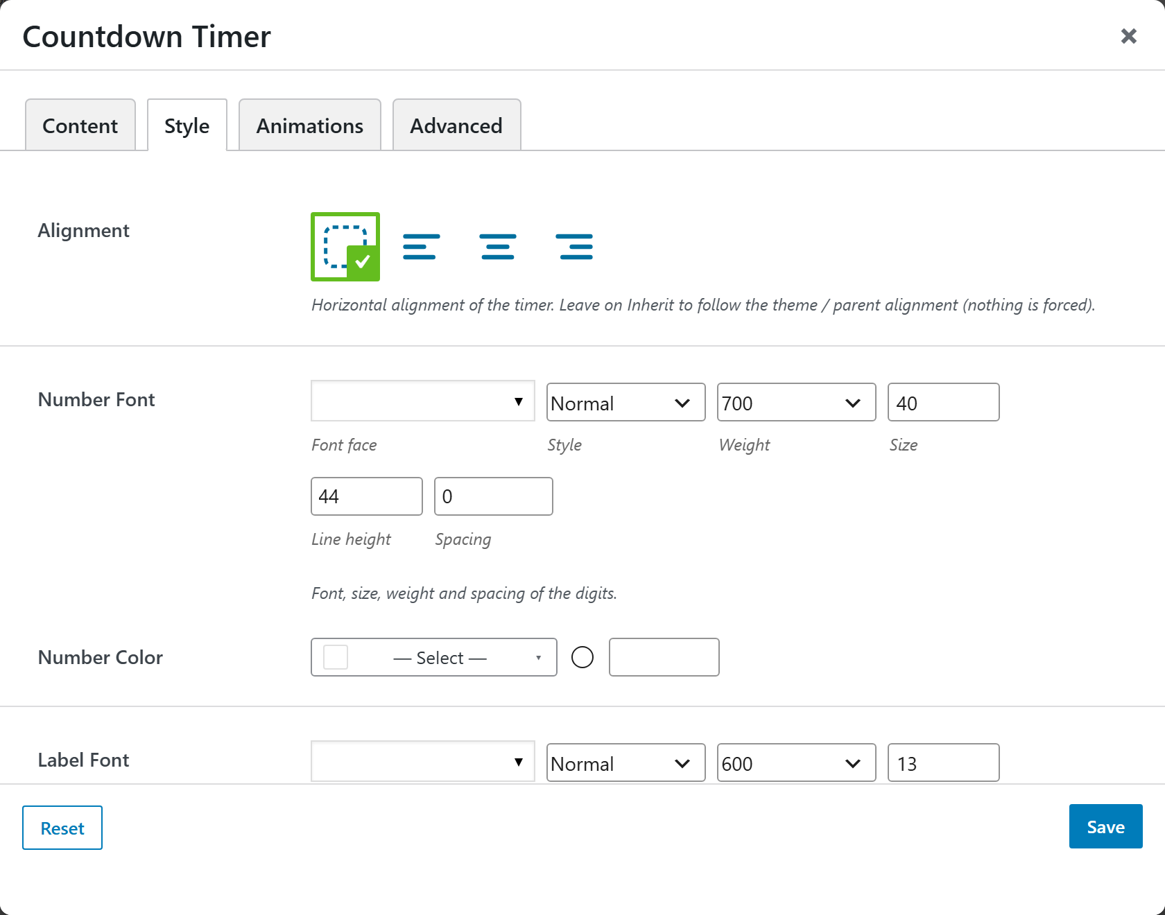 Countdown Timer options panel — Style tab