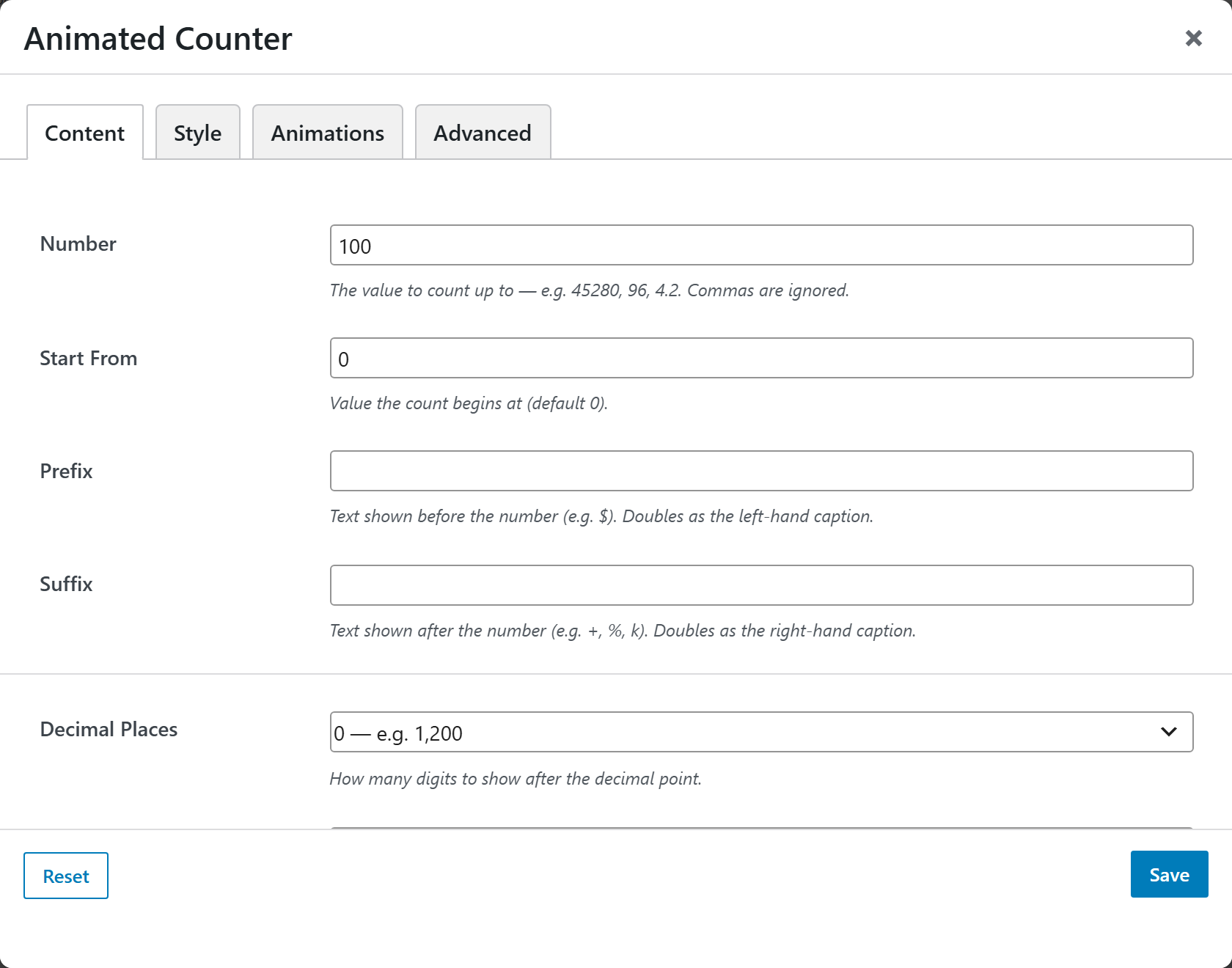 Animated Counter options panel — Content tab