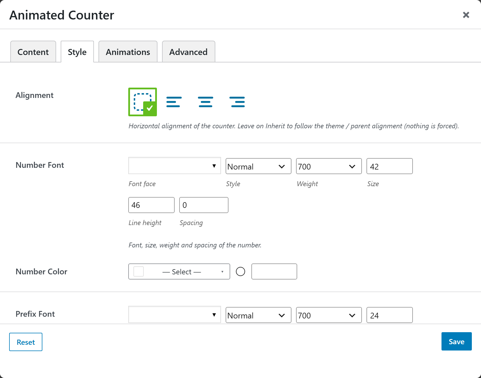 Animated Counter options panel — Style tab