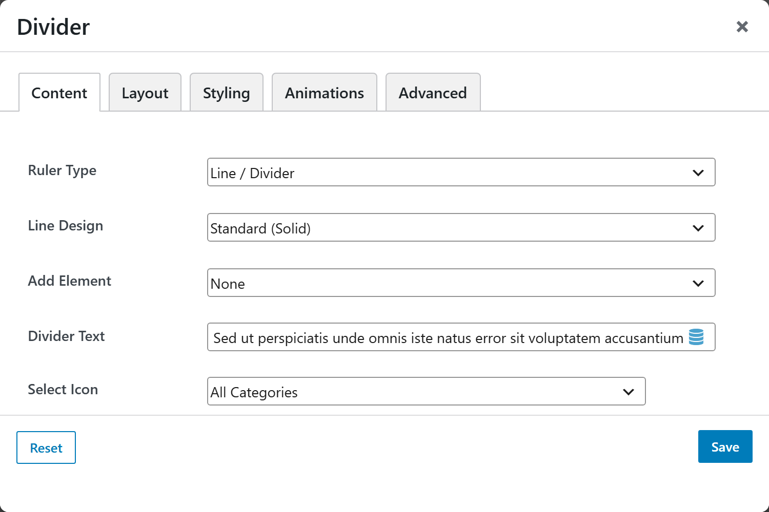 Divider options panel — Content tab